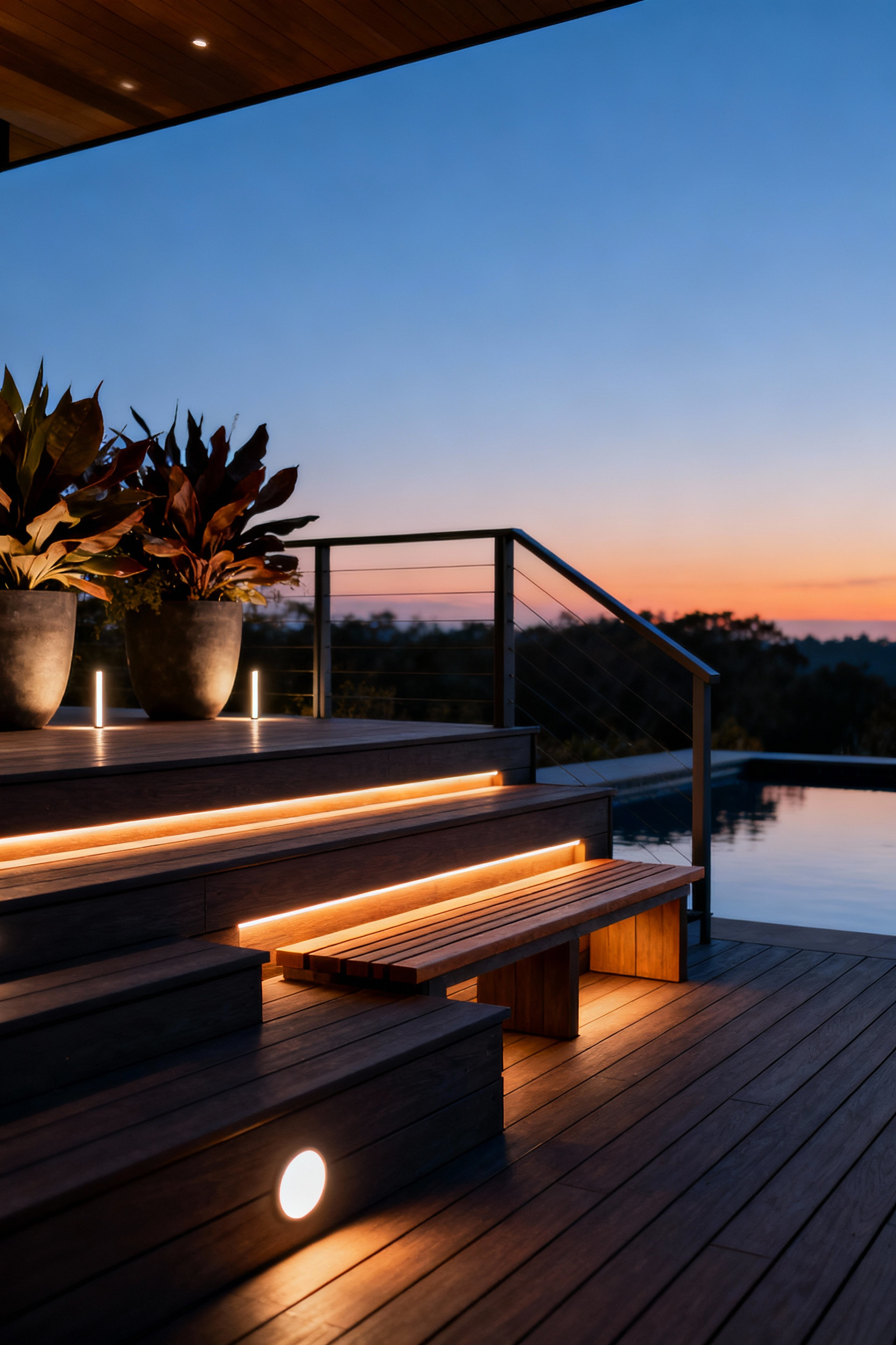 A beautifully lit outdoor deck at dusk with integrated dimmable LED lights in steps, railings, and planters creating a warm, inviting ambiance.