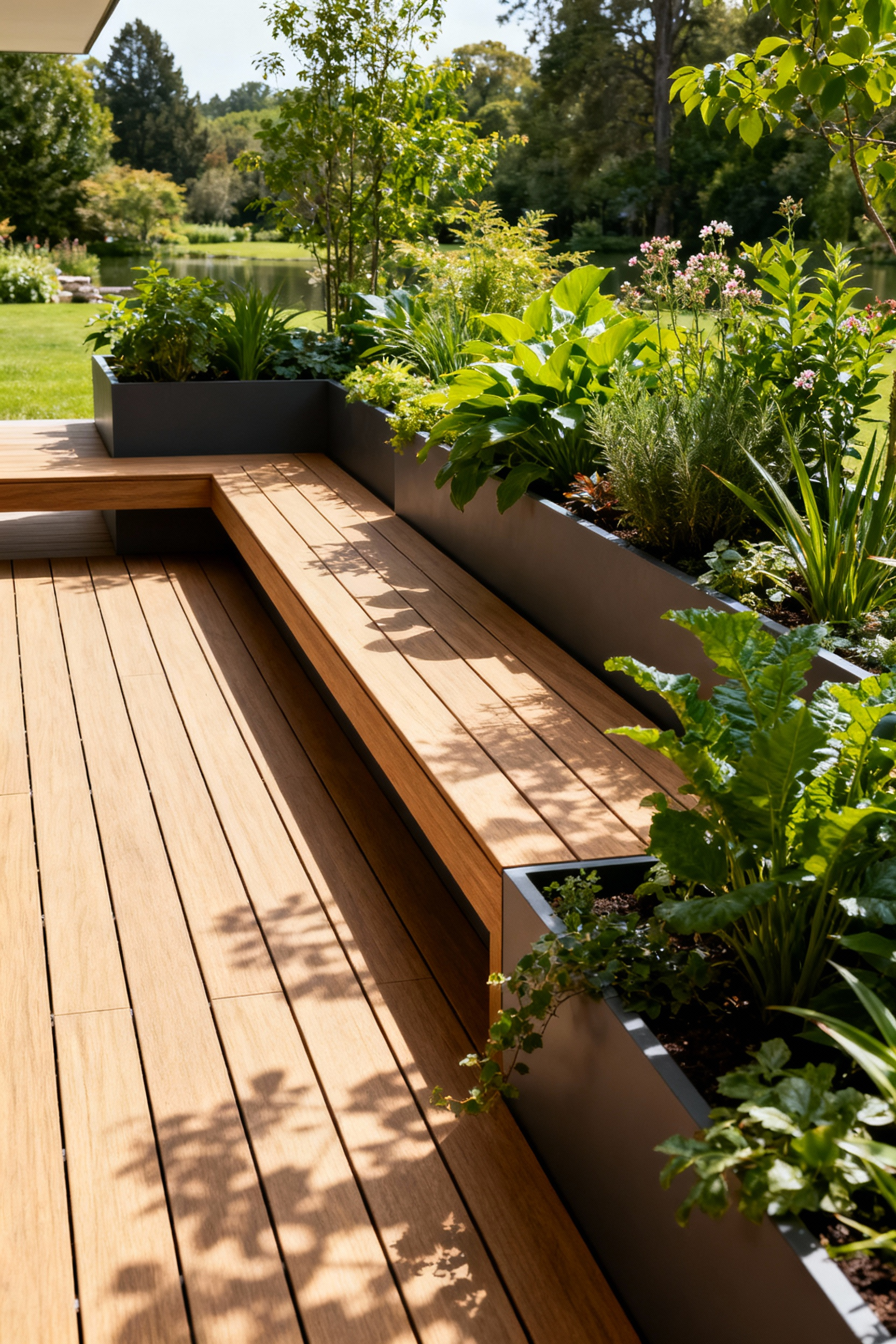 Modern deck with built-in integrated planter systems showcasing lush green plants and flowers, enhancing biophilic design and defining sophisticated outdoor social spaces.