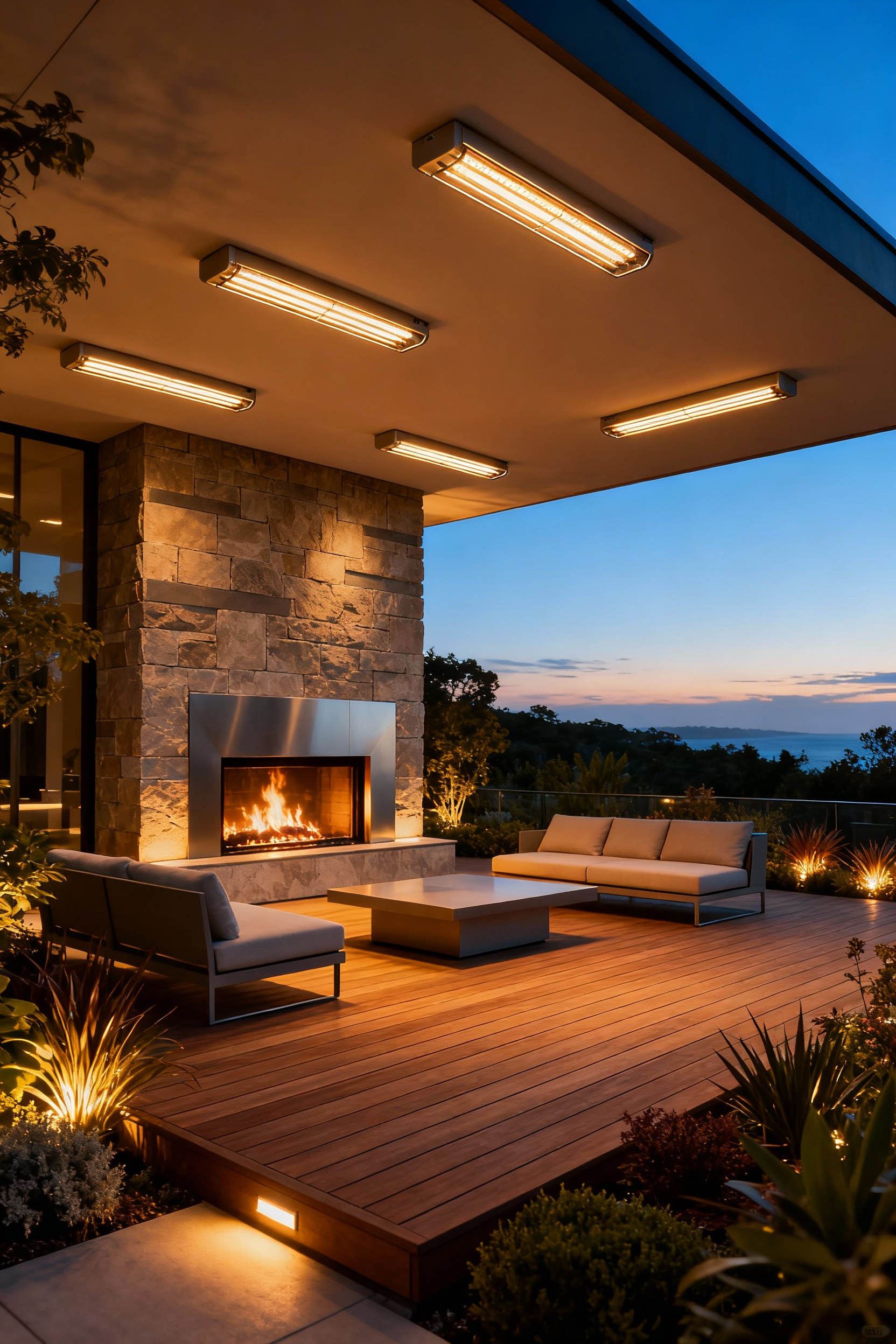 Modern deck with integrated infrared heaters and a stone outdoor fireplace, set for year-round comfort.