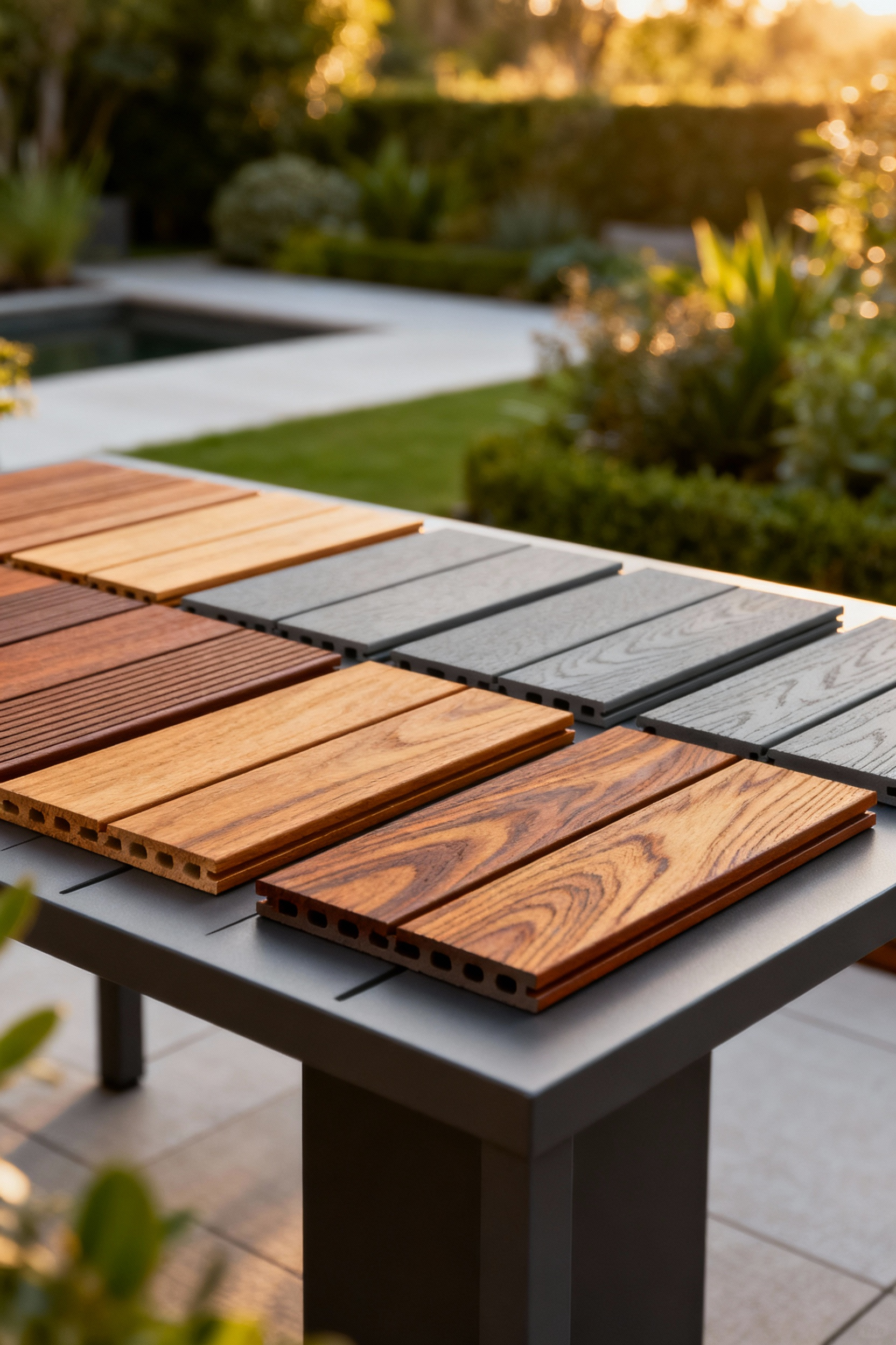 Samples of various high-performance composite decking materials and exotic hardwoods like Ipe and Teak, laid out for comparison on a modern outdoor table in soft natural light, showcasing textures and colors for decking material selection.