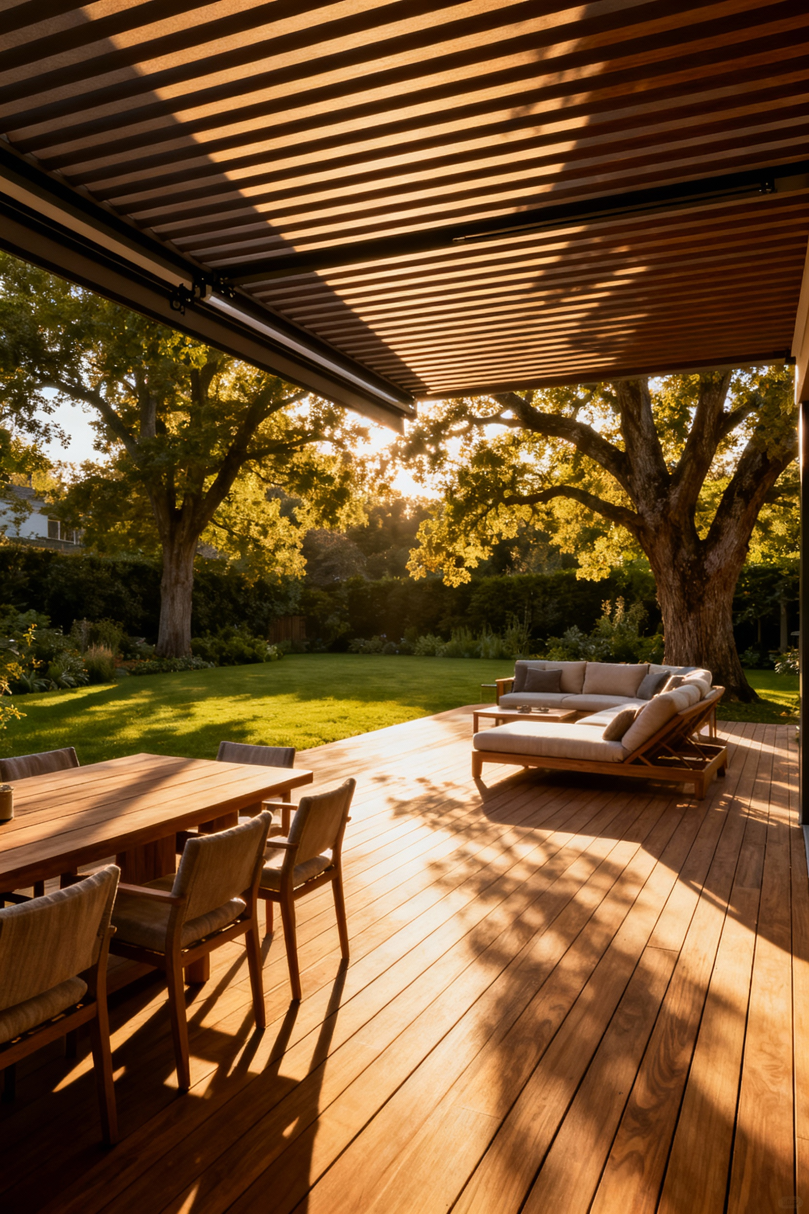 Luxurious deck with automated louvered pergola and mature trees, showing strategic microclimate design for optimal comfort.