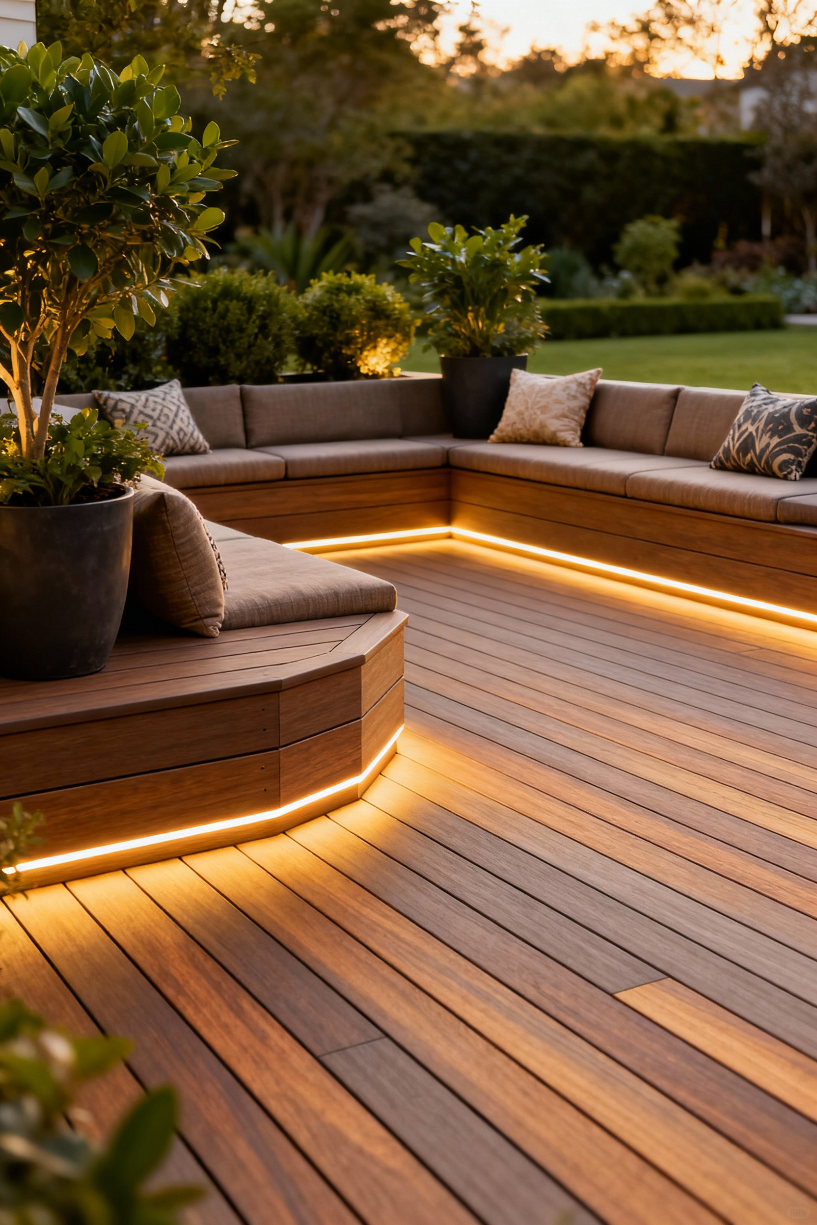 Elegant composite deck with built-in seating and sophisticated lighting, reflecting smart budget allocation for long-term value.