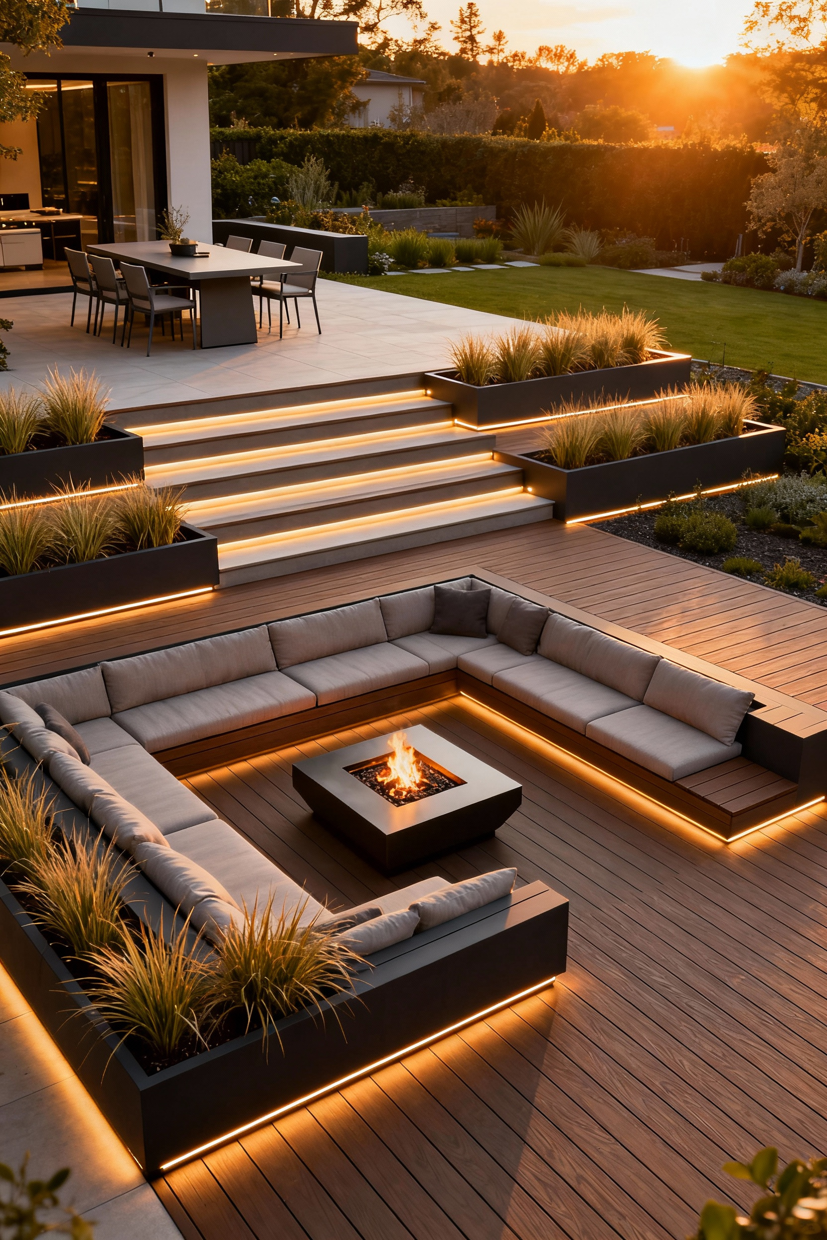Elegant multi-level deck design with distinct zones for outdoor dining and lounging, illuminated by sunset glow and integrated lighting.