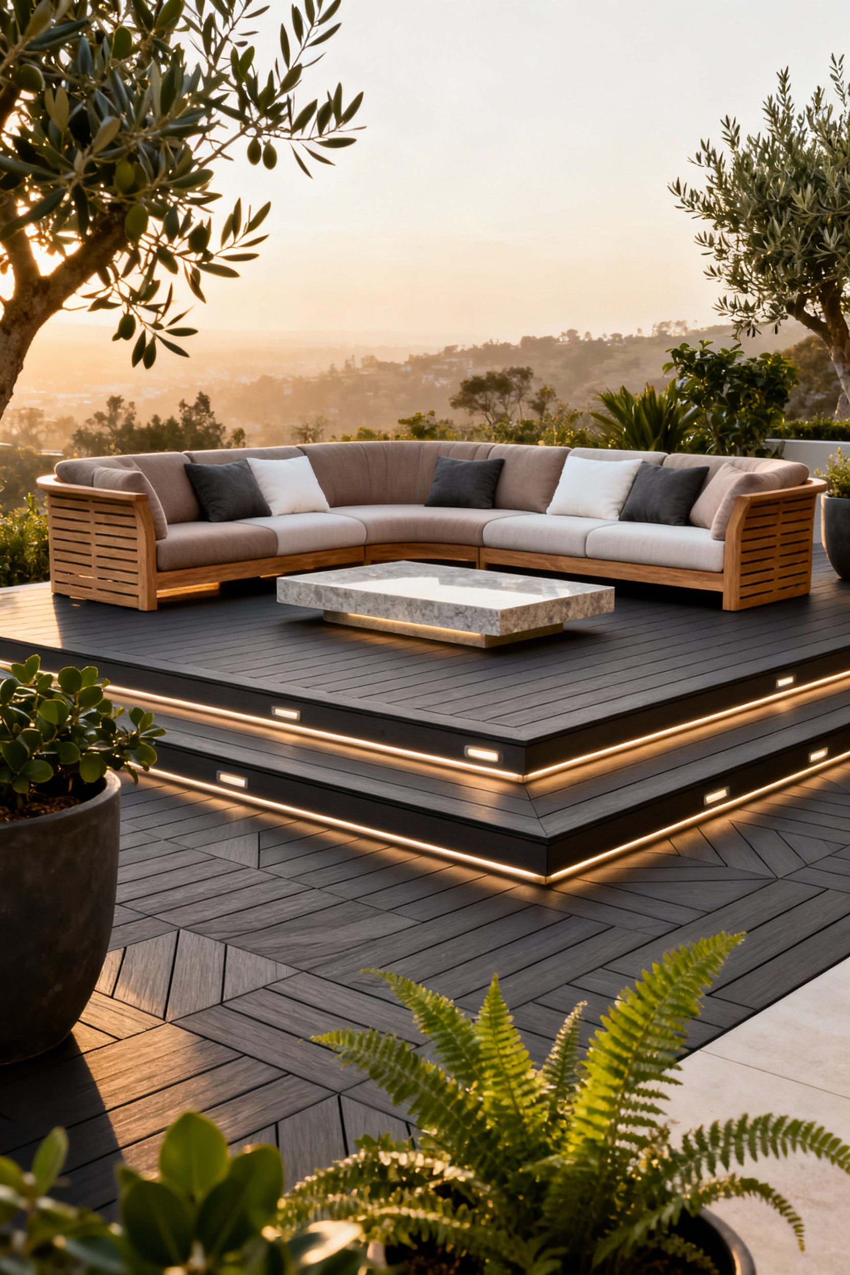Elegant bespoke outdoor furnishings on a modern composite deck, featuring a curved teak modular sectional sofa with plush performance fabric cushions and a stone coffee table, surrounded by lush greenery under warm afternoon light.