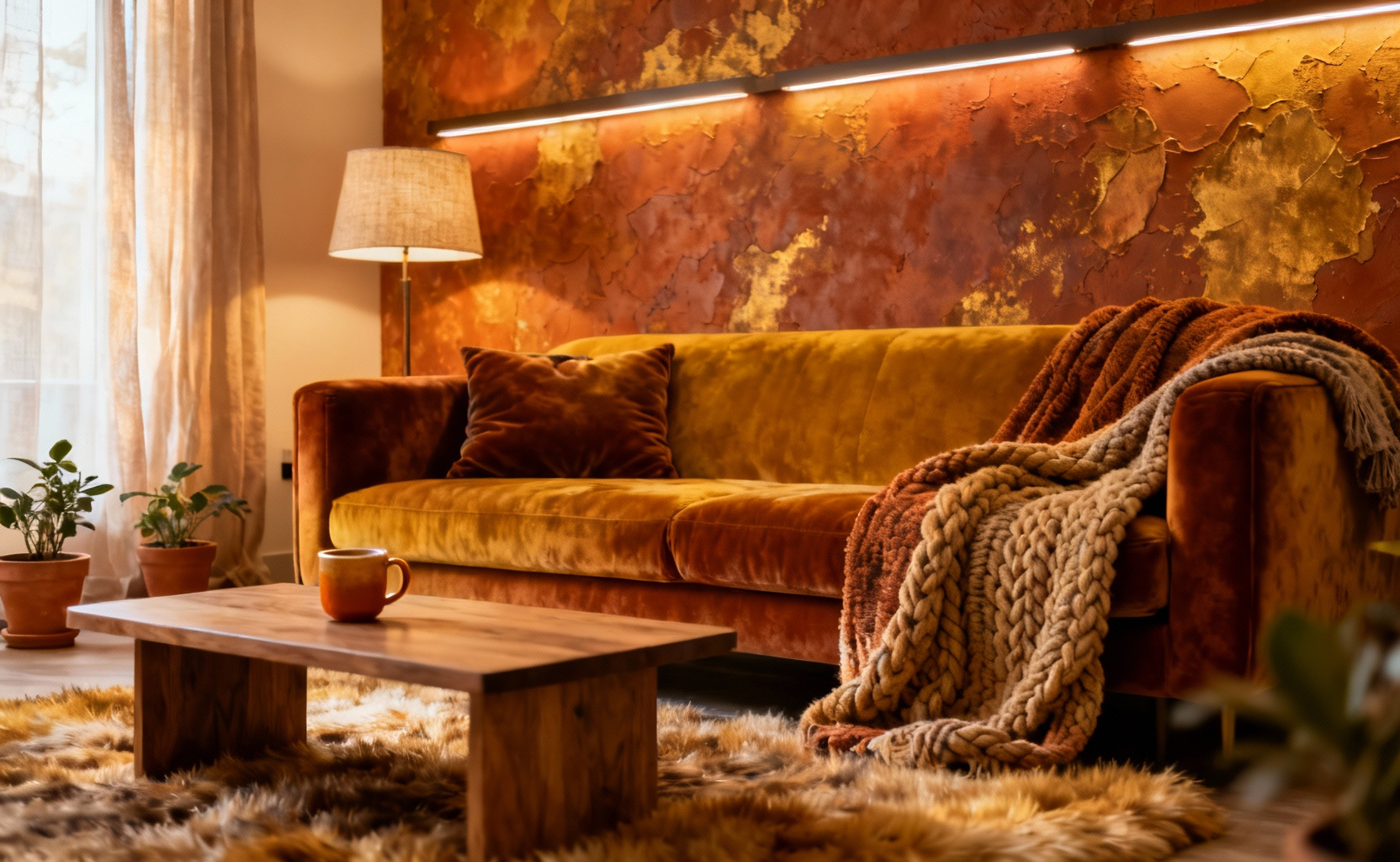 A cozy living room interior featuring deeply saturated terracotta, ochre, and caramel hues on walls, furniture, and textiles, illuminated by soft, warm ambient light, creating an intimate and tranquil atmosphere, no people.