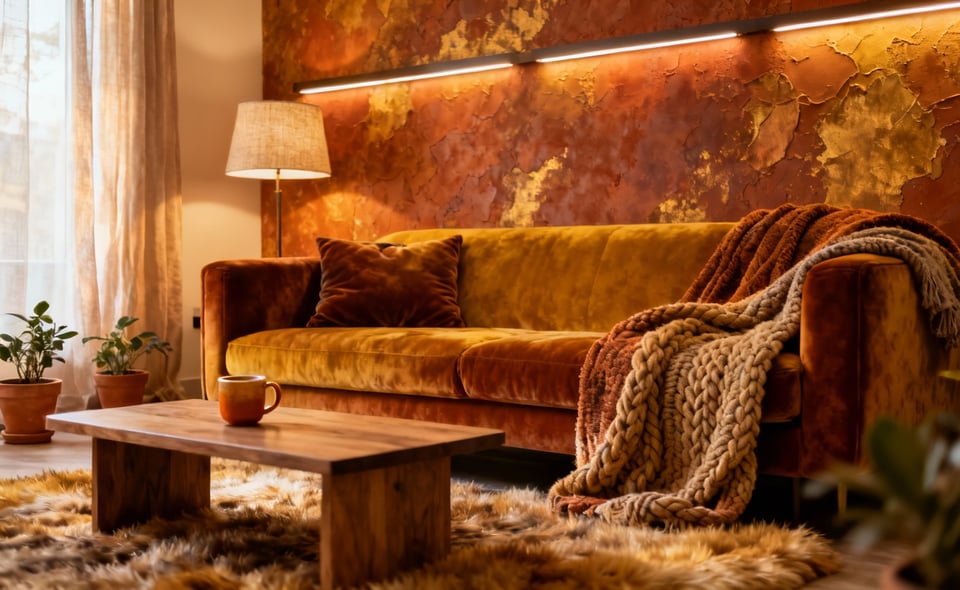 A cozy living room interior featuring deeply saturated terracotta, ochre, and caramel hues on walls, furniture, and textiles, illuminated by soft, warm ambient light, creating an intimate and tranquil atmosphere, no people.
