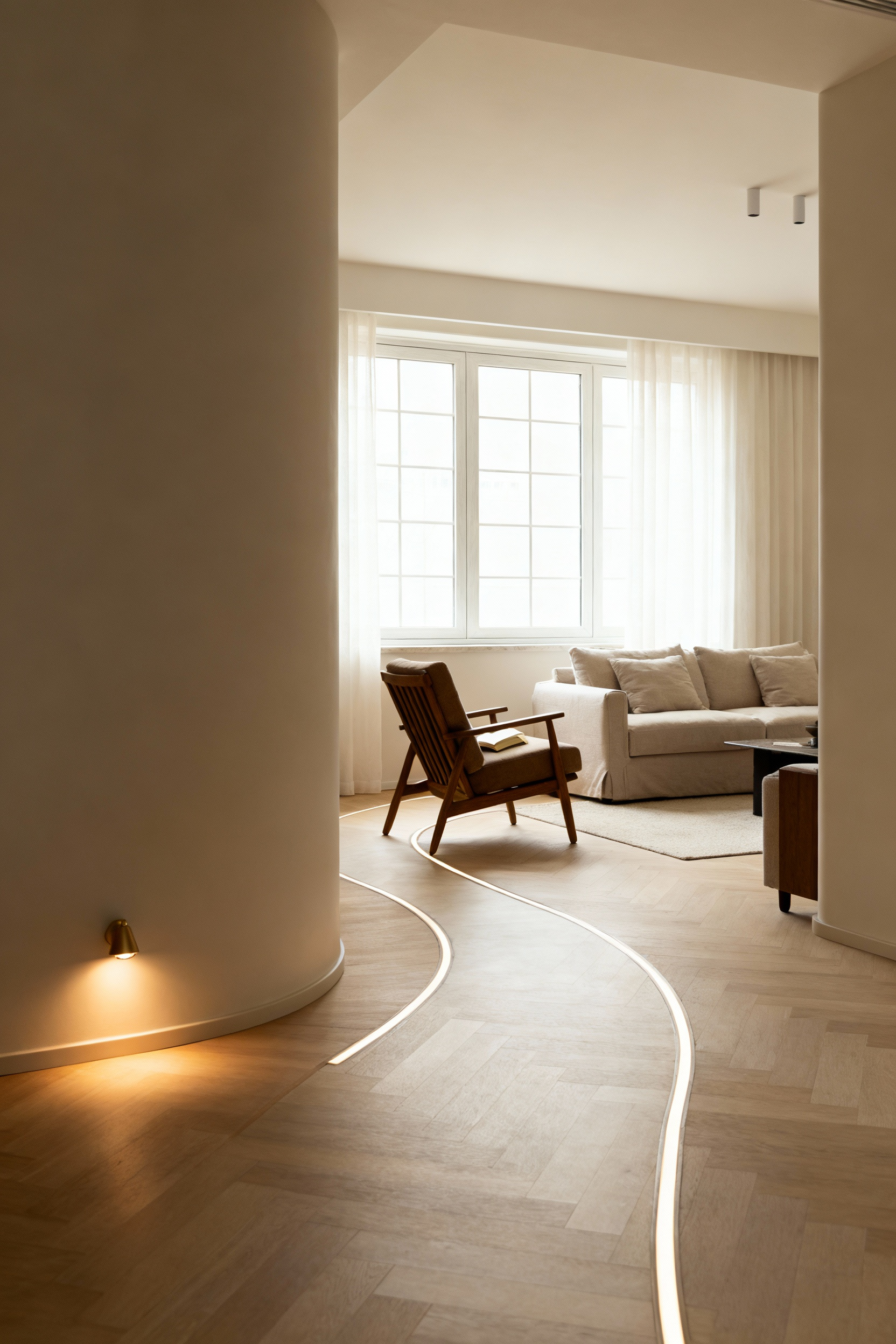 A cozy living room featuring intentional pathways for clear, unhindered movement and calm, with strategically placed furniture and soft lighting.