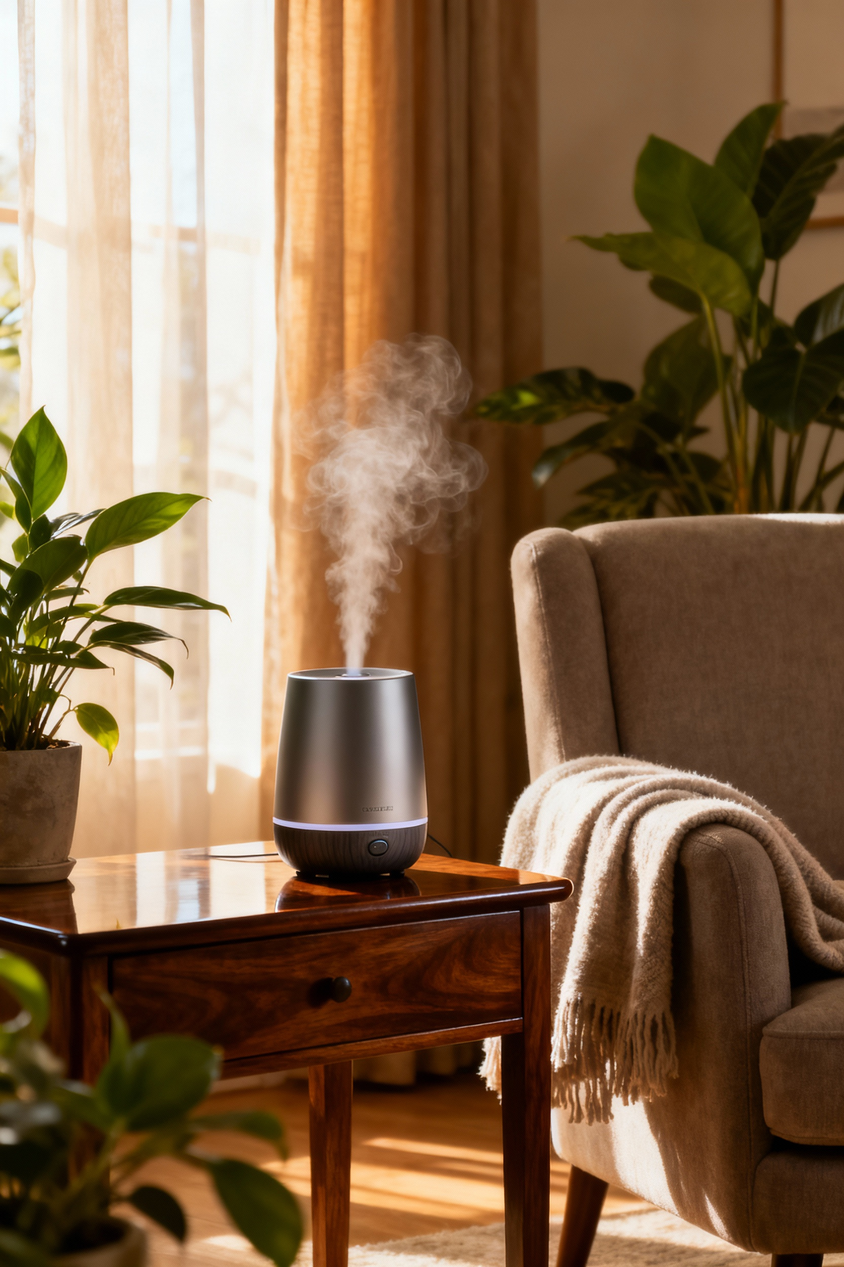A professional portrait photo of a cozy living room featuring an ultrasonic diffuser on a side table, soft lighting, and warm textures, illustrating scent scaping for mood enhancement.