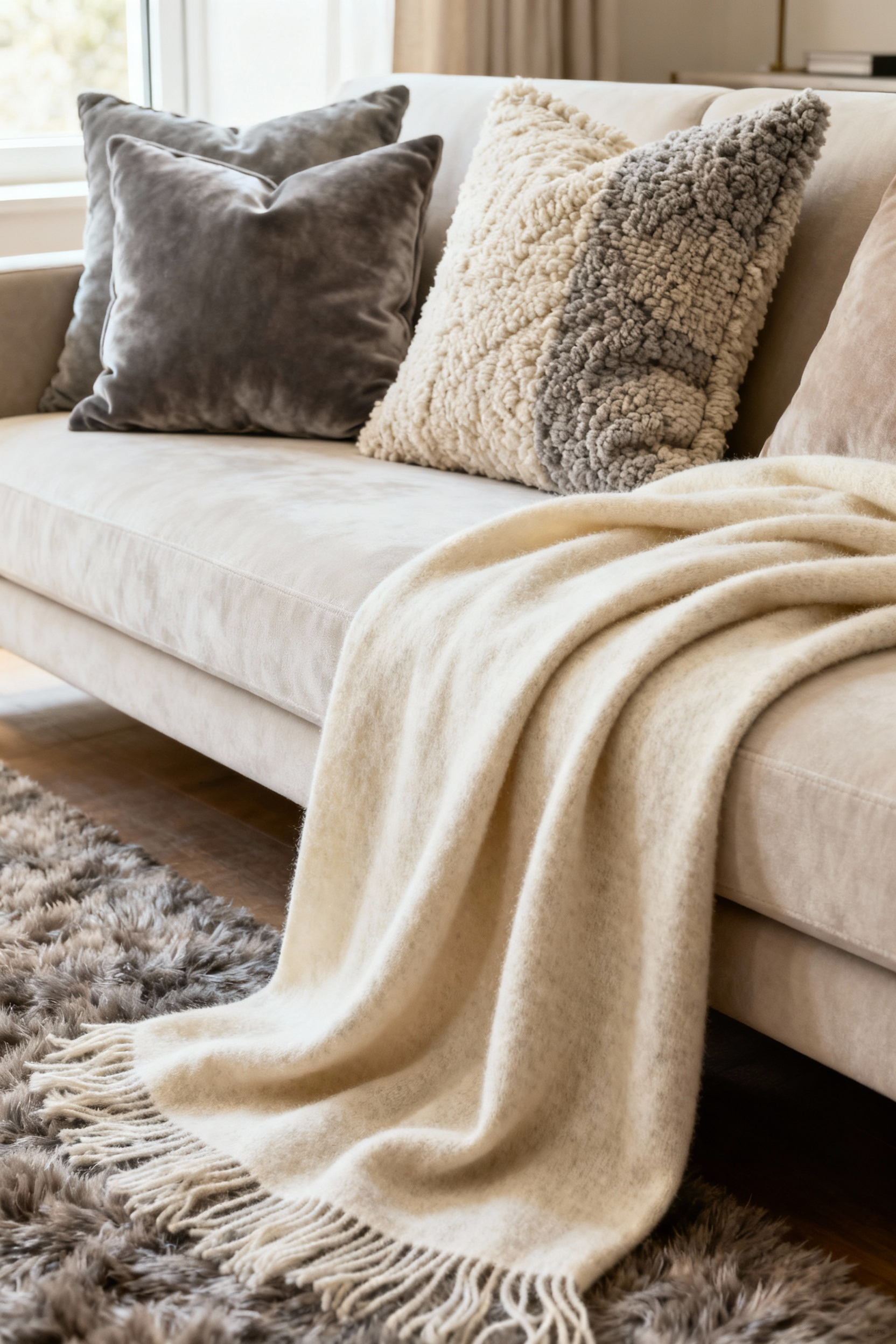 Cozy living room detail with a plush sofa, cashmere throw, velvet and boucle cushions, and a deep-pile wool rug, illustrating layered textures for haptic pleasure.