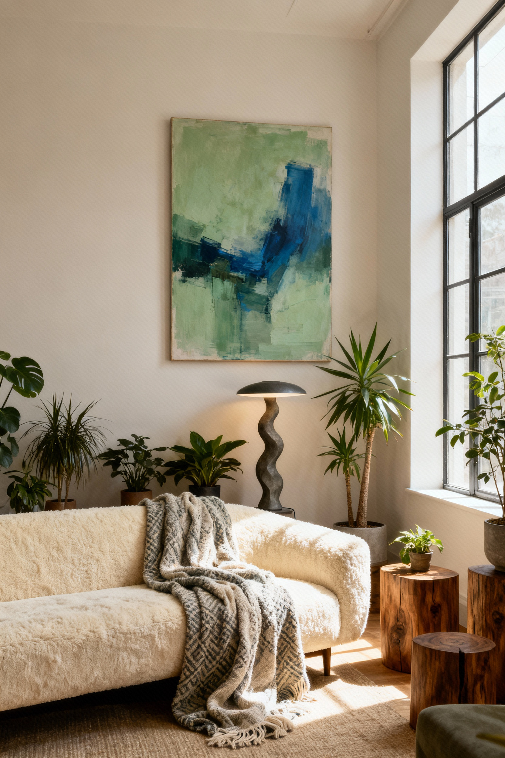 Cozy living room with deliberate asymmetrical design, featuring an off-center abstract painting and a plush sofa balanced by various plants and soft lighting. Illustrates strategic focal points to prevent visual fatigue.