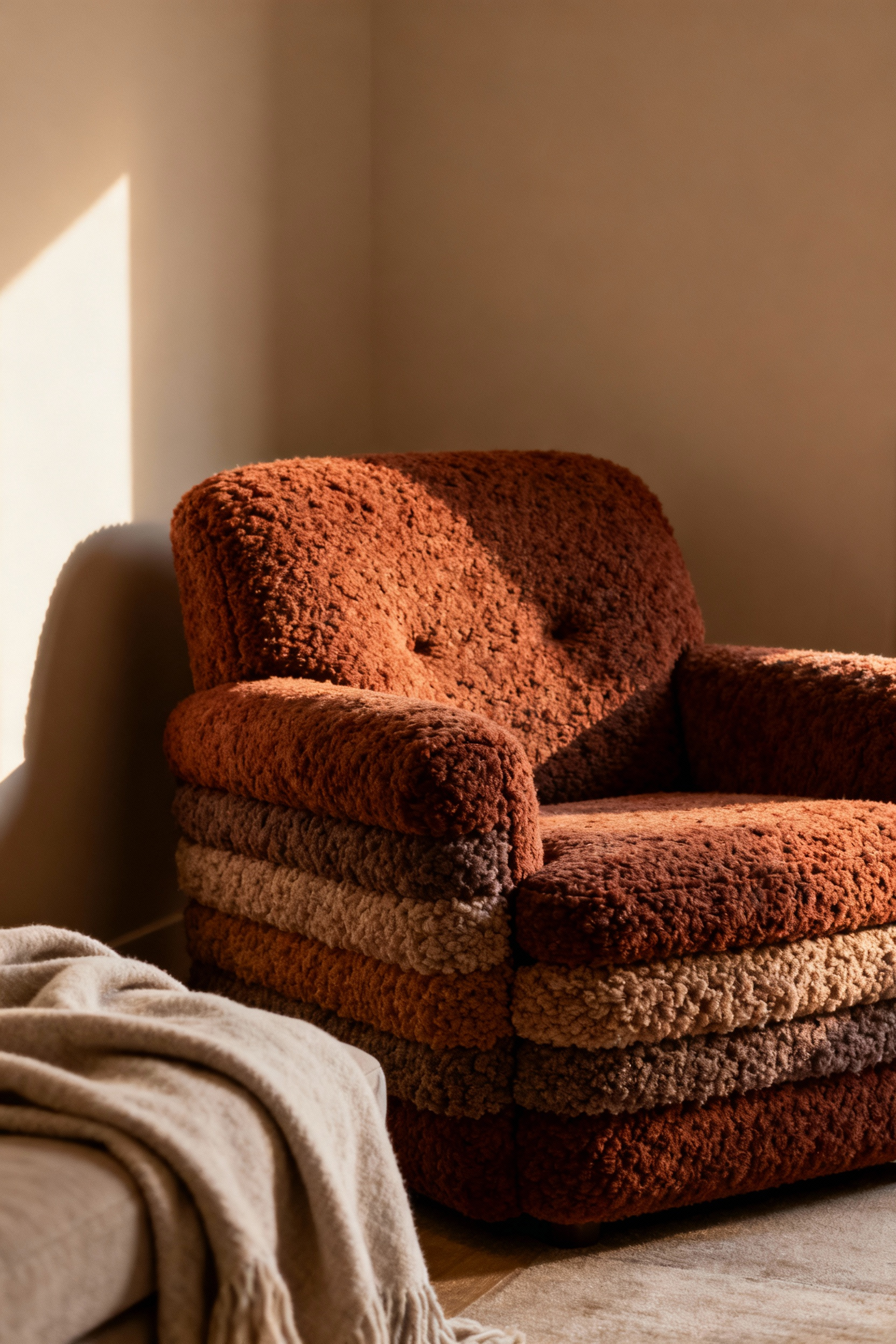 A beautifully arranged cozy living room showcasing a plush, textured armchair with warm ambient lighting, designed for optimal anthropometric comfort and support, inviting relaxation.