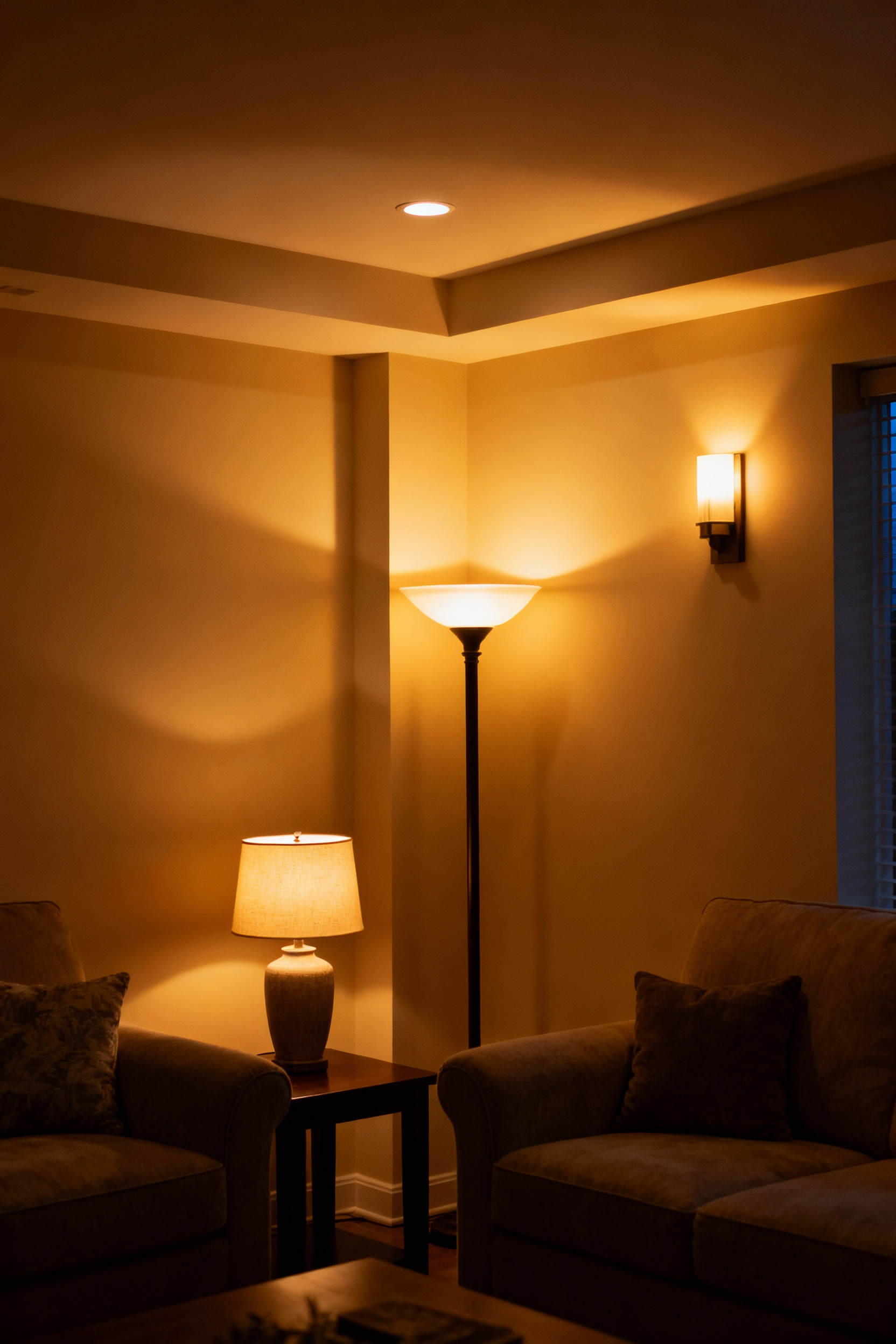 Cozy living room interior with warm ambient lighting from various sources like floor lamps, table lamps, and sconces, creating a psychologically secure and comfortable atmosphere.