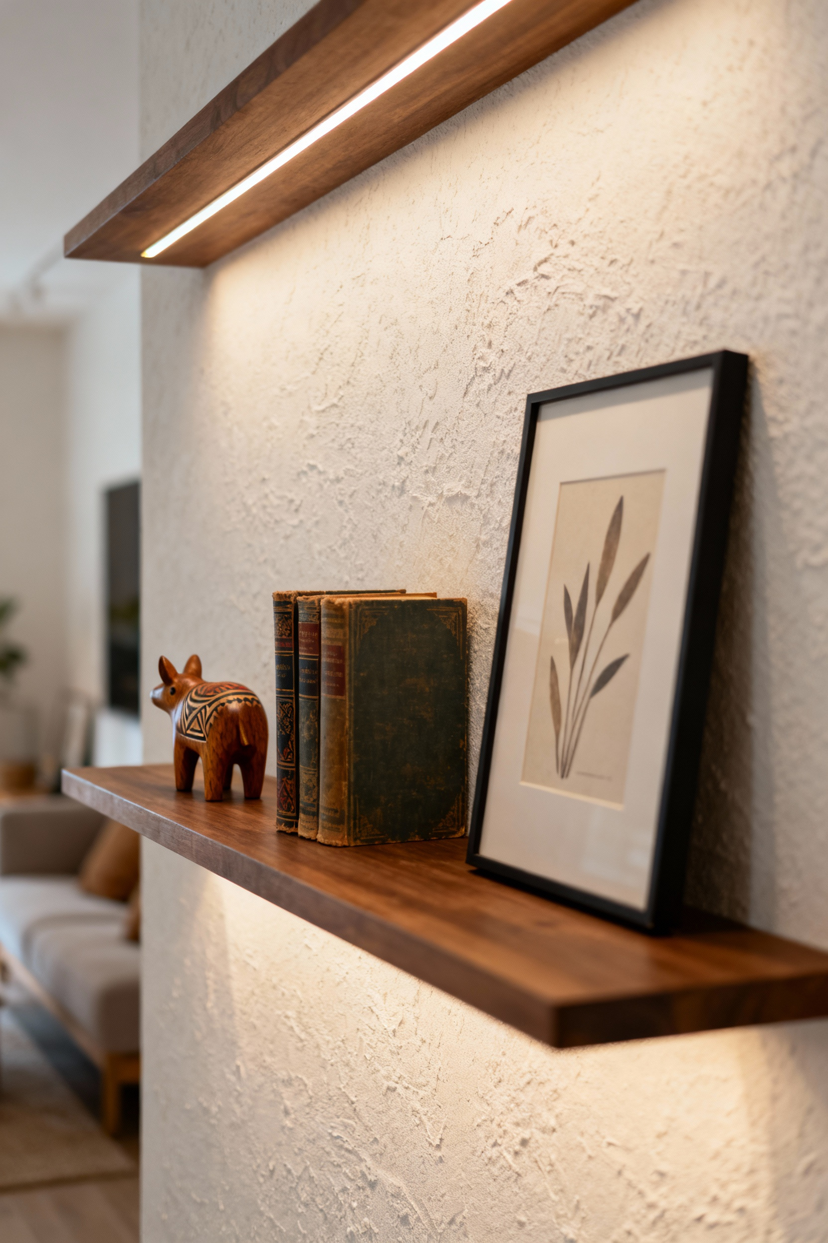Close-up of a meticulously arranged vignette of personal objects on a wooden shelf, bathed in warm accent lighting within a cozy living room.