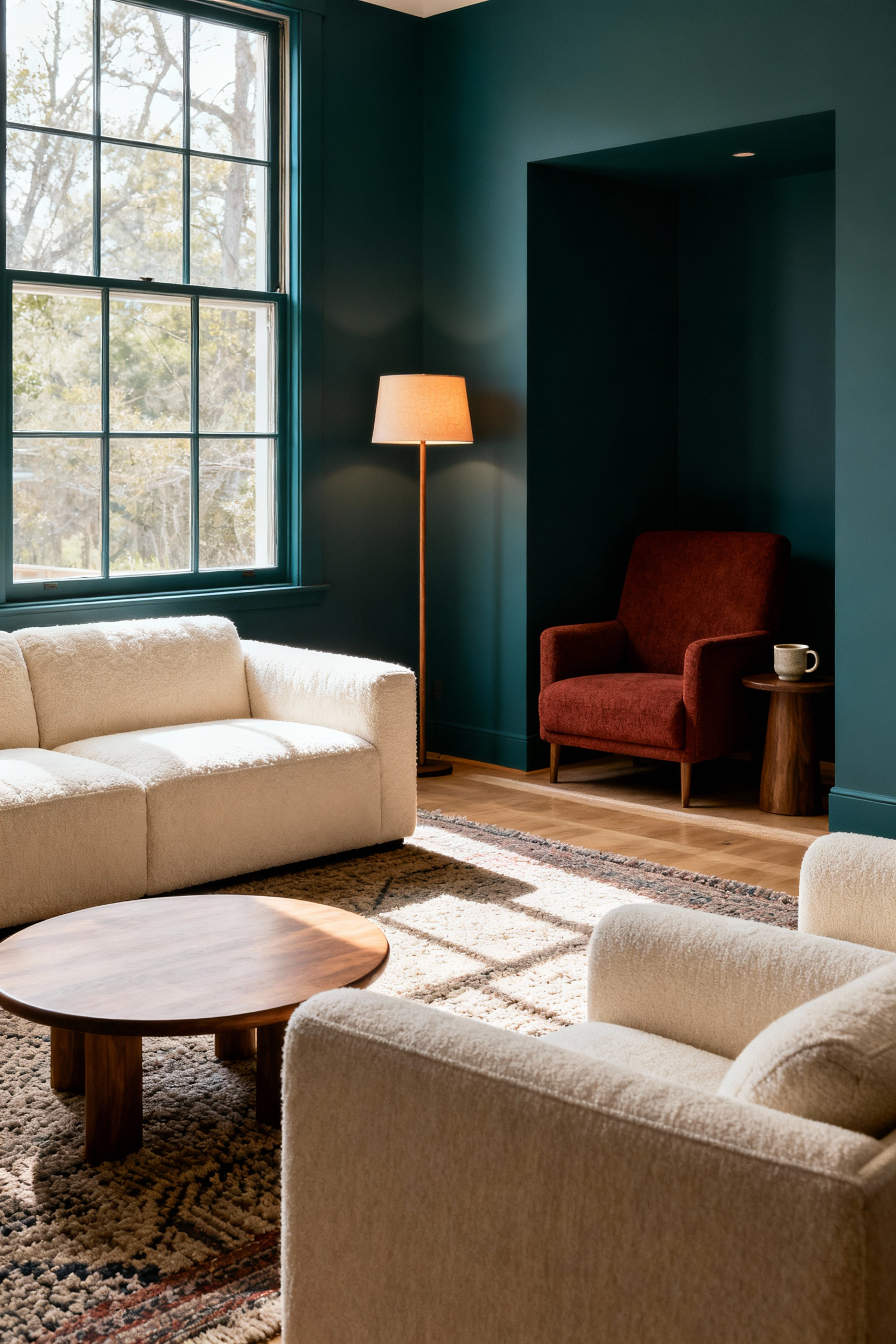 Portrait view of a cozy living room with clearly defined zones. A cream sectional sofa and armchairs form a conversation area on a textured rug. A separate reading nook features an armchair and floor lamp. Natural light, warm colors.