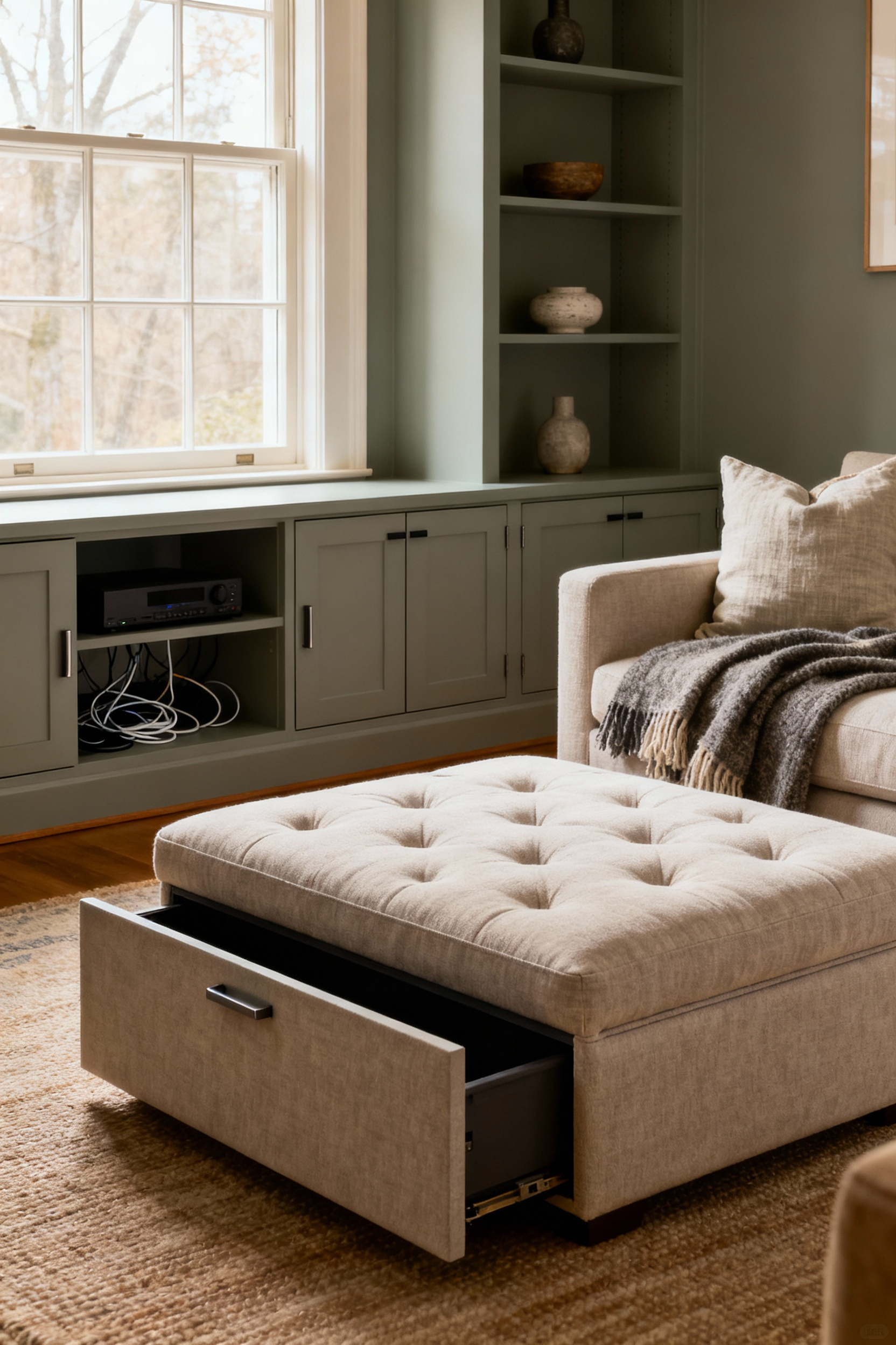 A cozy living room featuring an ottoman with hidden storage, built-in shelves blending with walls, and a custom media unit concealing electronics. The room is visually clutter-free with soft, warm lighting.