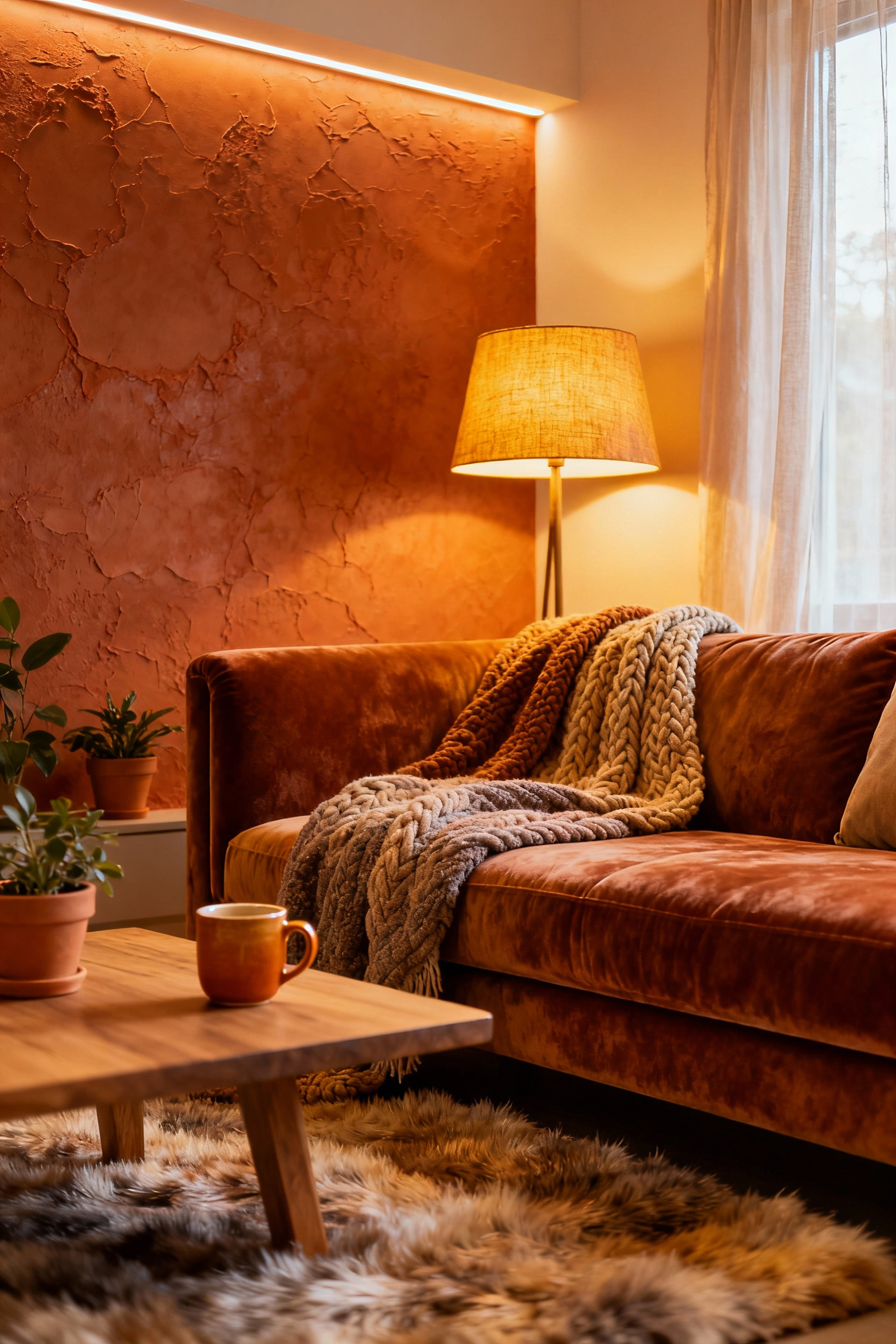 A cozy living room interior featuring deeply saturated terracotta, ochre, and caramel hues on walls, furniture, and textiles, illuminated by soft, warm ambient light, creating an intimate and tranquil atmosphere, no people.