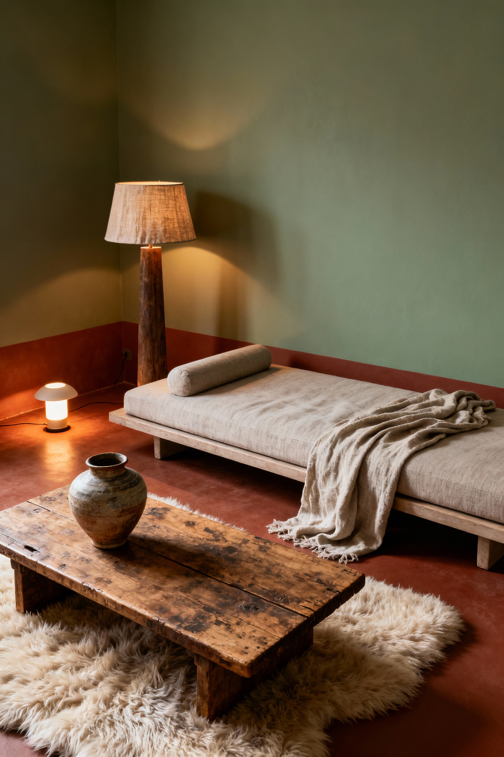 Living room designed with Hygge and Lagom principles, featuring warm, muted colors, layered lighting, natural textures, and minimalist decor for a balanced and cozy feel.