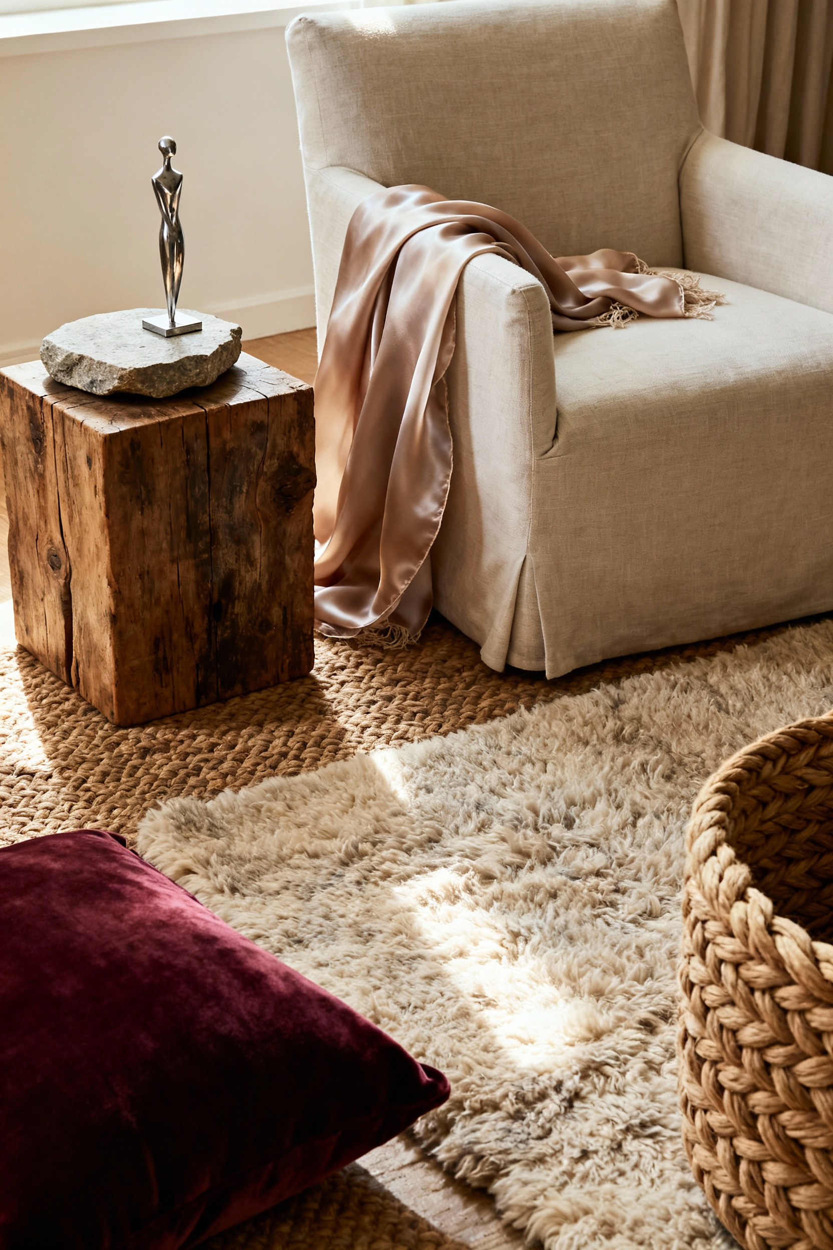 Close-up of diverse tactile materials in a cozy living room, including a wool rug, linen armchair, silk throw, reclaimed wood table, and velvet cushion, showcasing sensory depth.