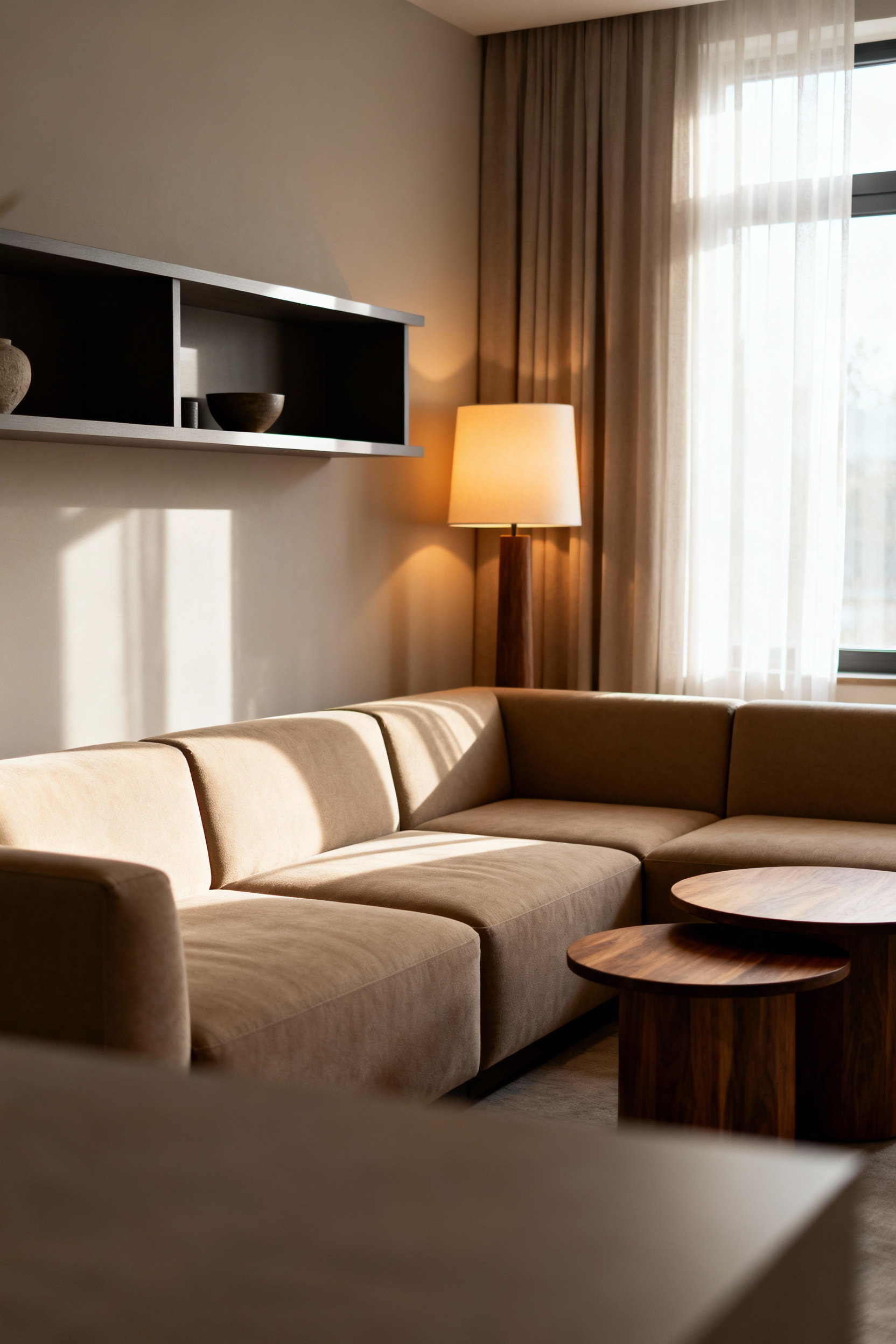 A cozy and sophisticated modular living room featuring a reconfigurable L-shaped sofa, subtle nesting tables, and a modular shelving unit. The space is filled with soft natural light and warm ambient artificial light, emphasizing flexible design.