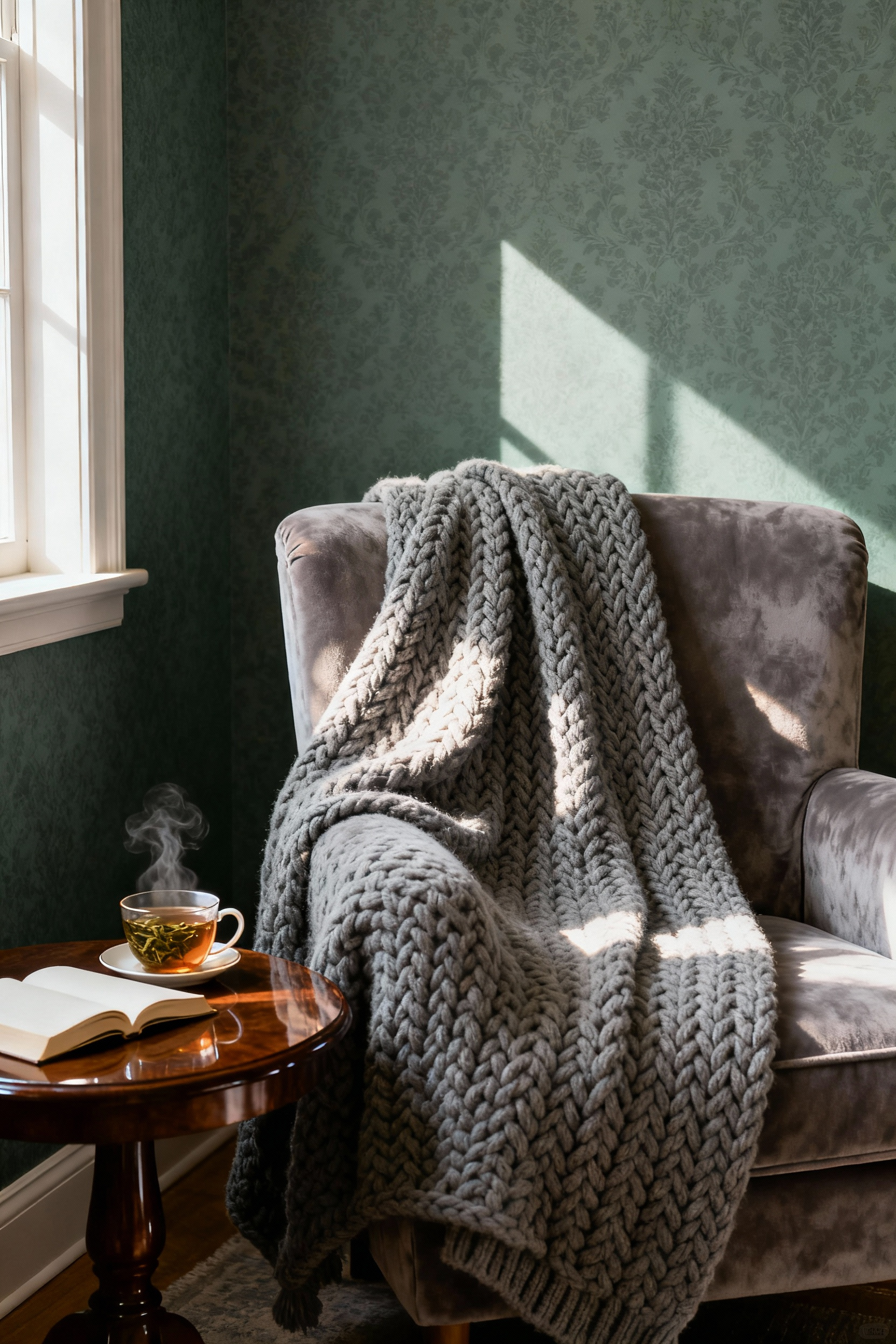 Cozy living room corner with a soft charcoal grey weighted throw draped over a plush armchair, suggesting deep pressure stimulation and grounded relaxation.