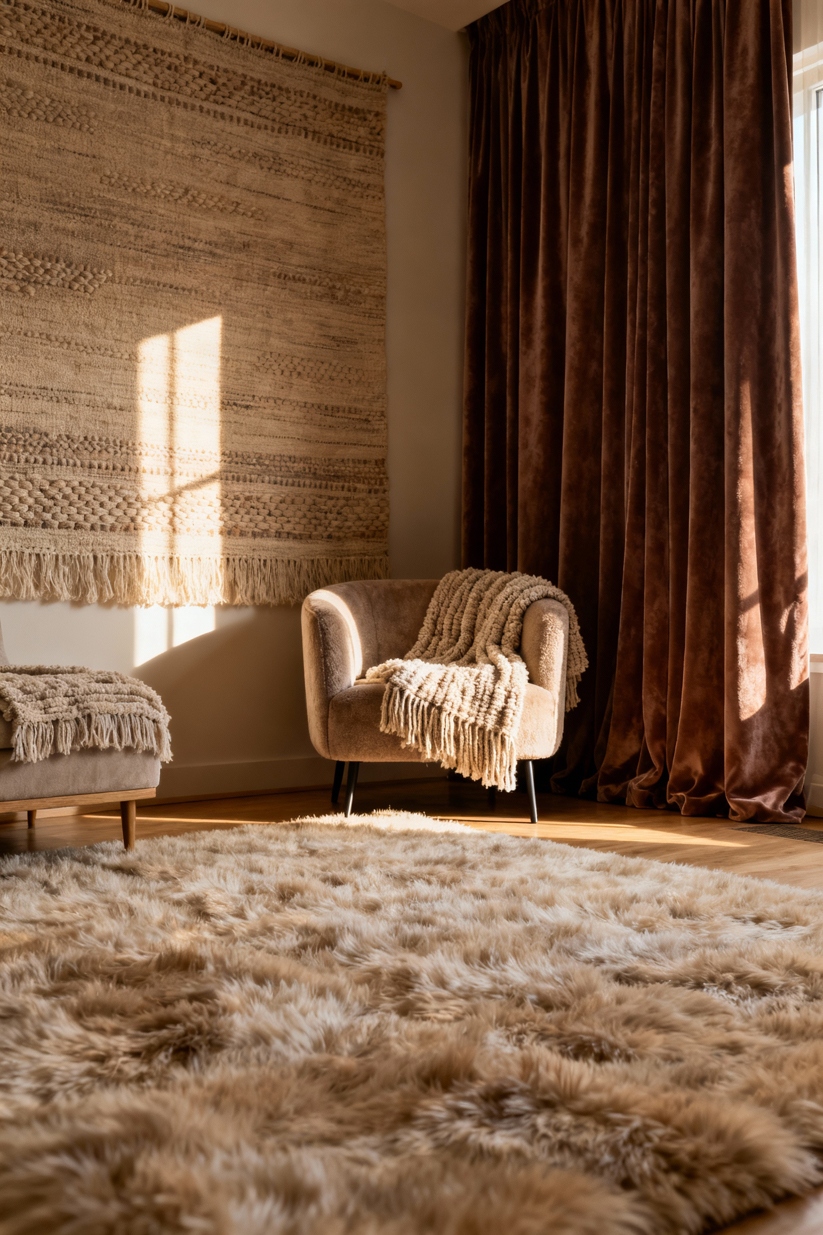 A cozy living room featuring thick, layered textiles, high-pile rug, and soft wall hangings to reduce sound reverberation and enhance acoustic comfort.