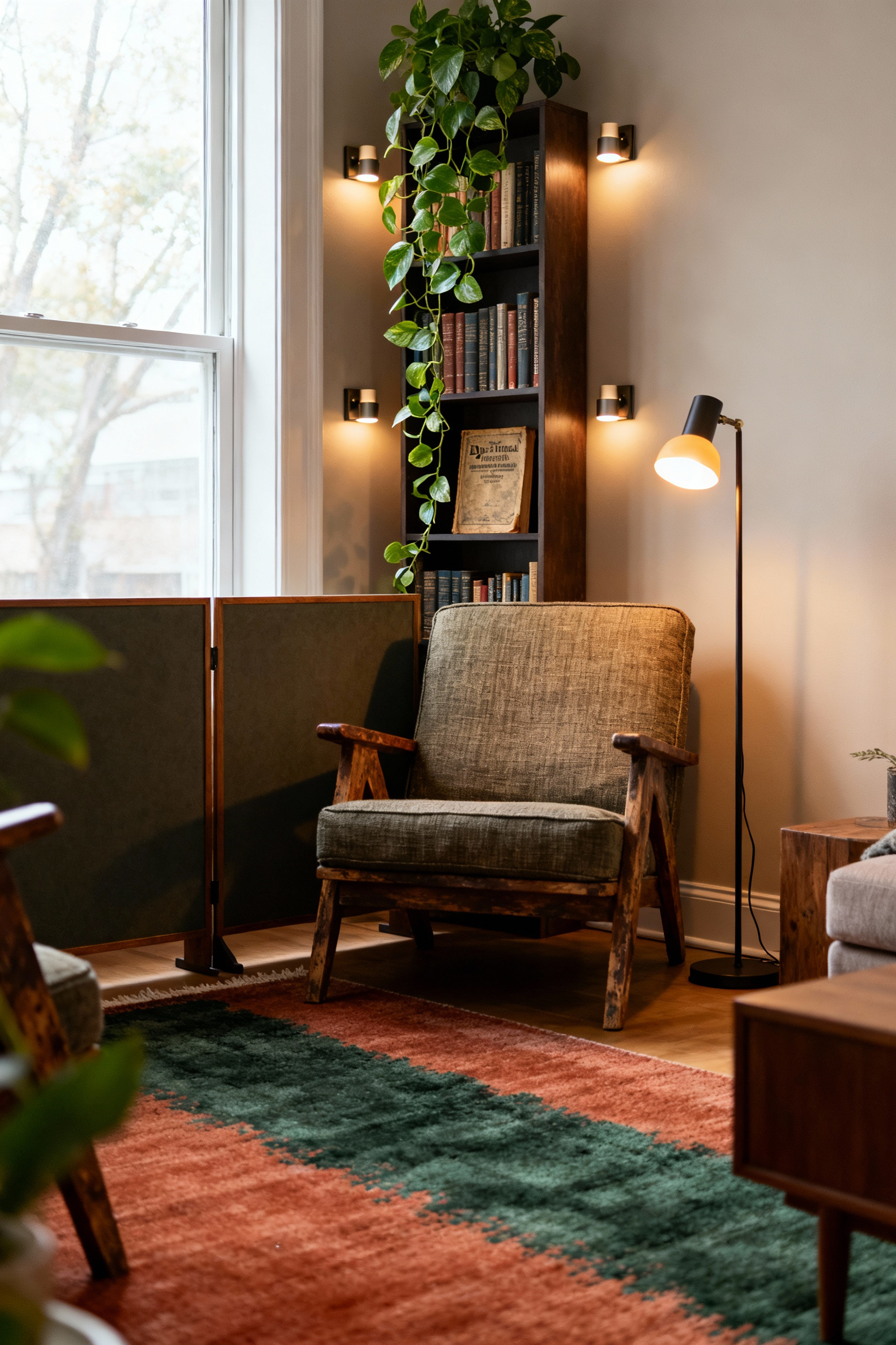 A serene 'digital detox' corner in a cozy living room featuring an armchair, a low-profile divider, a bookshelf with books and plants, and warm, indirect lighting, designed for unplugged activities.
