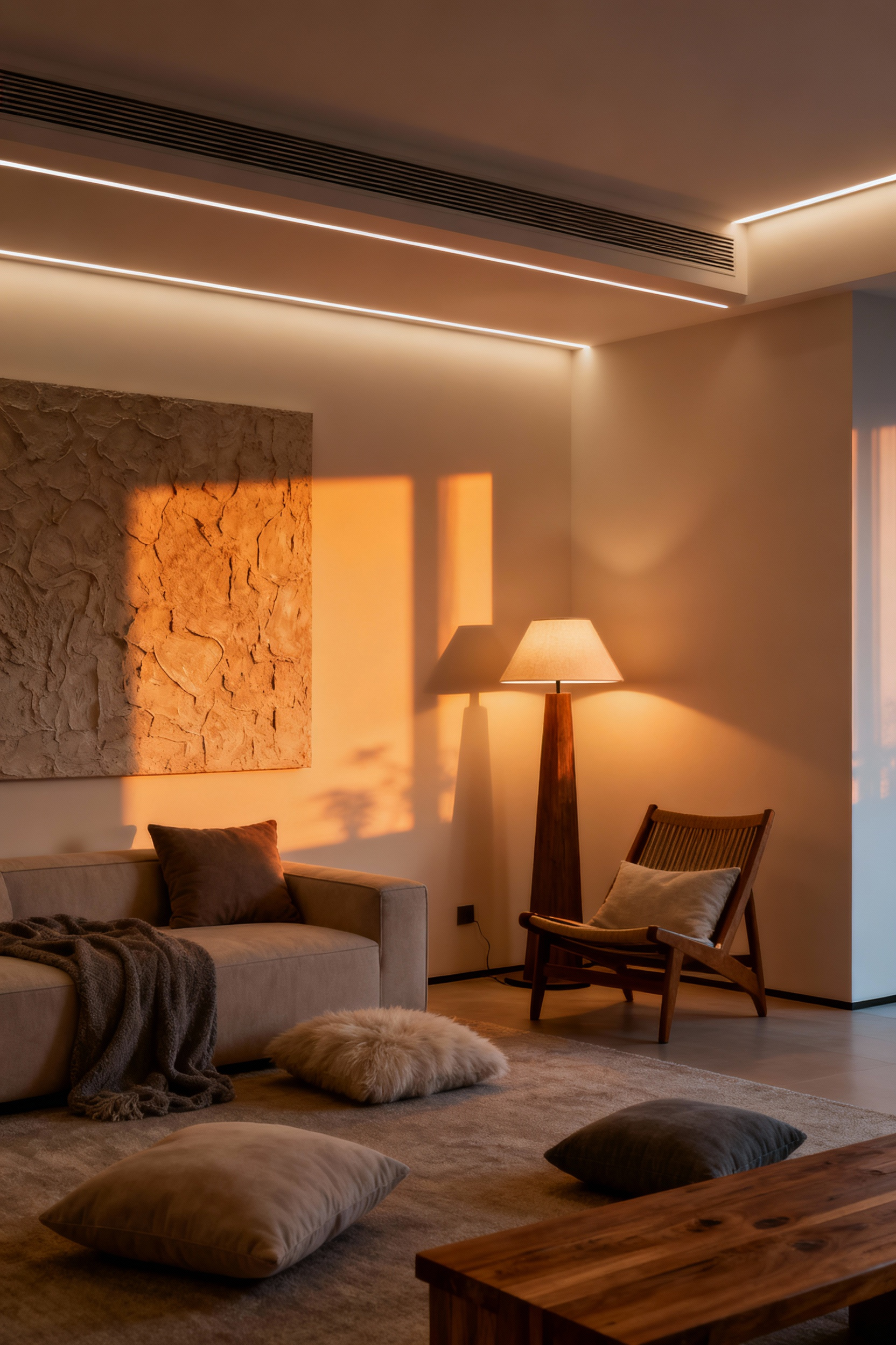 Cozy living room with layered lighting demonstrating diverse light temperatures to simulate natural circadian rhythms, featuring warm ambient light and accent lighting.