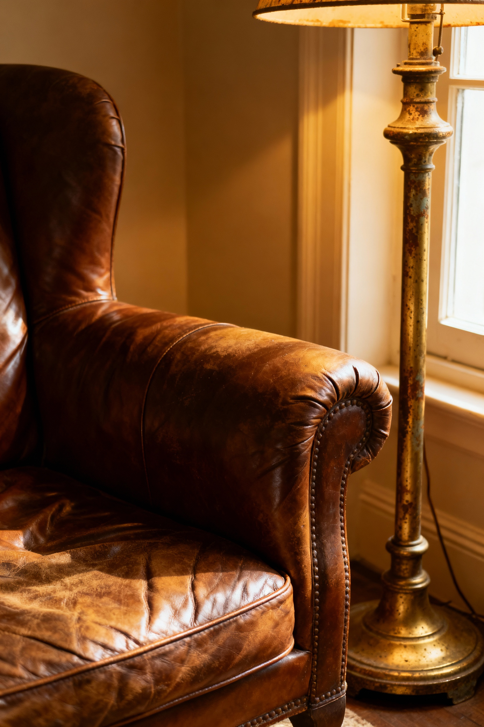 Close-up of a richly patinated leather armchair and an aged brass floor lamp in a cozy living room, showcasing authentic depth and character