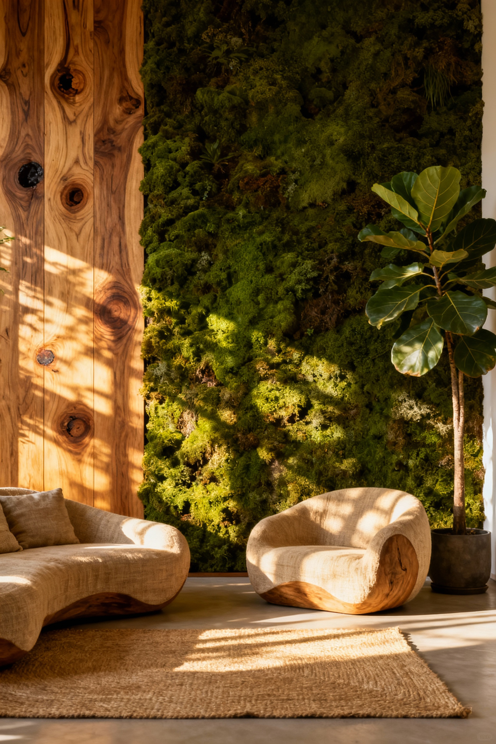 Cozy living room designed with biomimetic principles, featuring rich wood, natural textiles, lush indoor plants, and soft, natural light, creating a serene and restorative atmosphere.