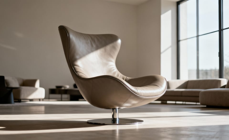 A modern ergonomic living room chair in refined matte leather, positioned as a functional sculpture in a sunlit minimalist interior, showcasing innovative design.