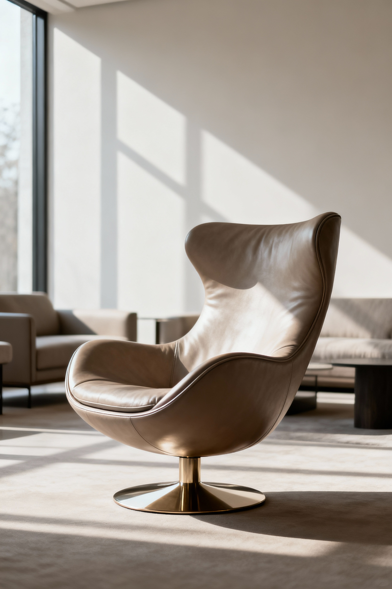 A modern ergonomic living room chair in refined matte leather, positioned as a functional sculpture in a sunlit minimalist interior, showcasing innovative design.