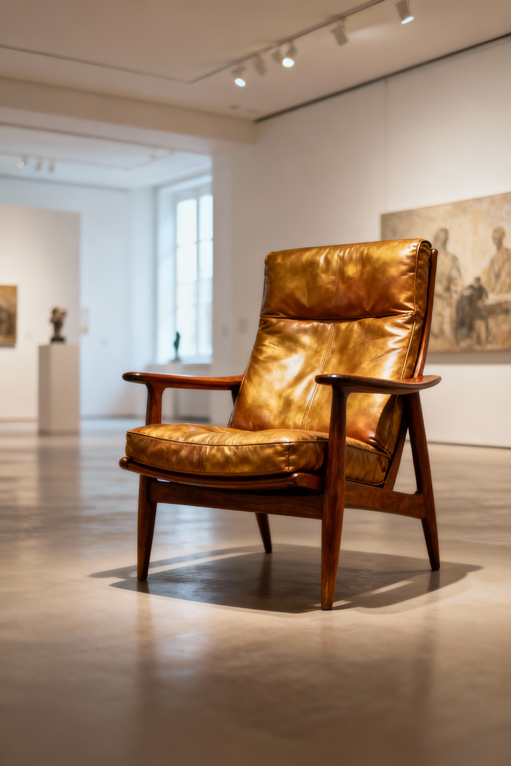 Iconic living room chair designed as a legacy investment piece in a minimalist gallery-like setting, bathed in soft light.