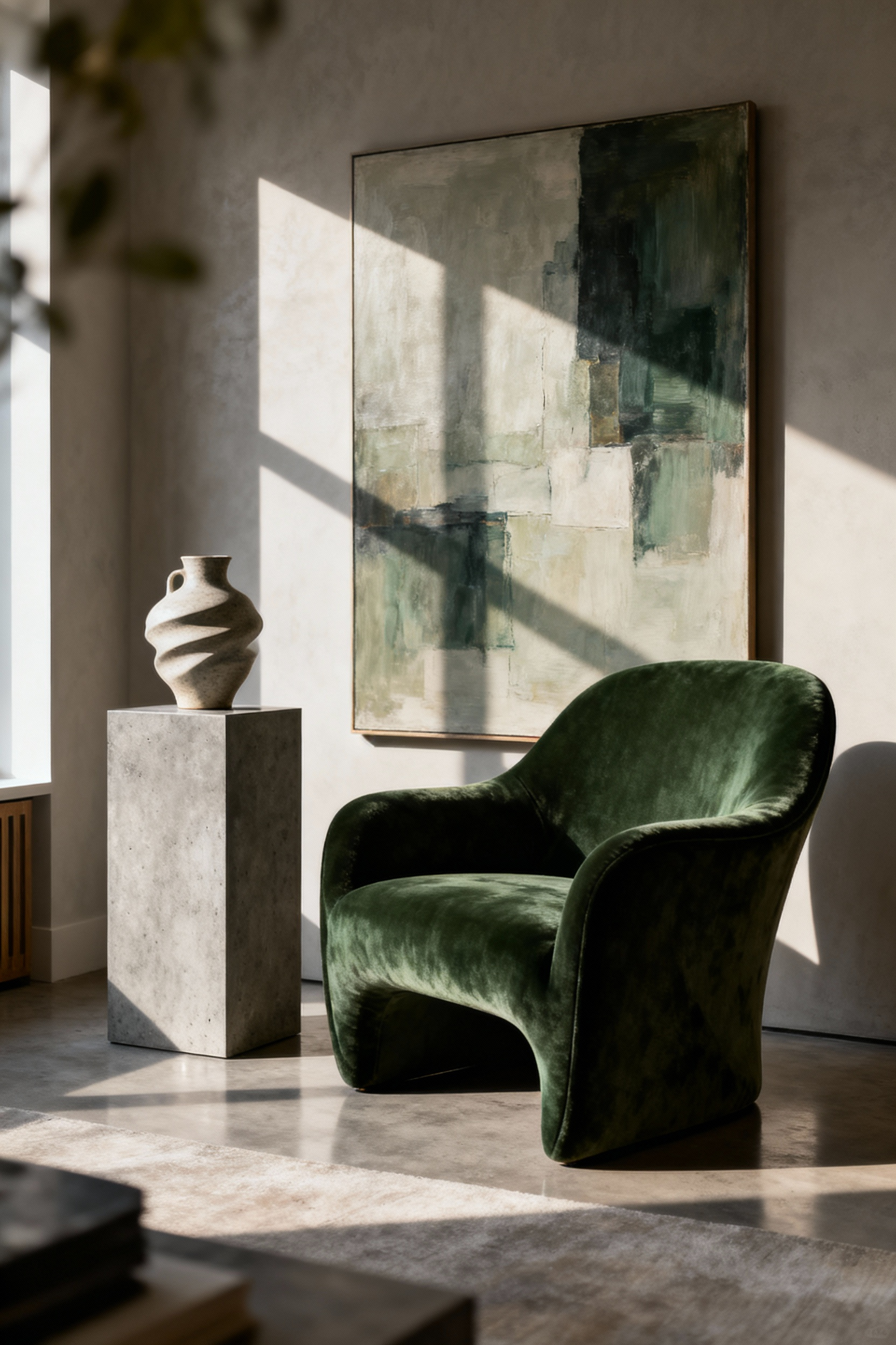 Curated living room chair arrangement showcasing harmonious proximal groupings with a modern chair, minimalist side table, and elegant art piece under soft natural light.