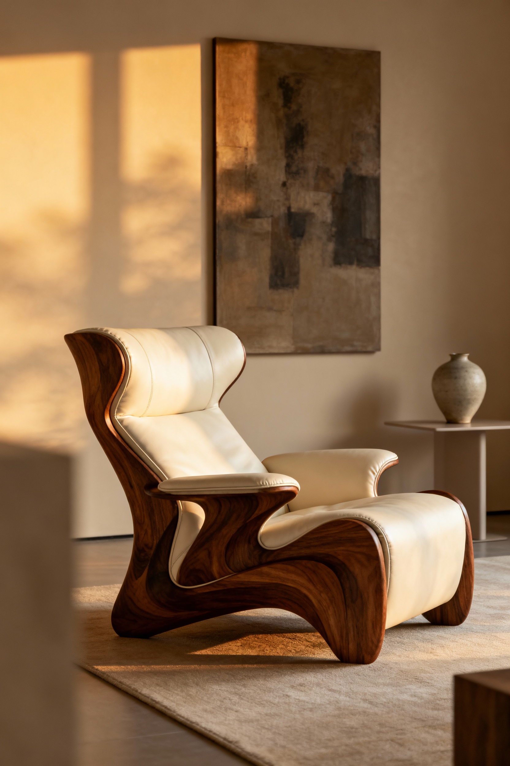 Modern lounge chair with sculptural form in walnut and ivory leather, positioned in a sunlit living room with minimalist decor, symbolizing personal aesthetic expression and design as art.