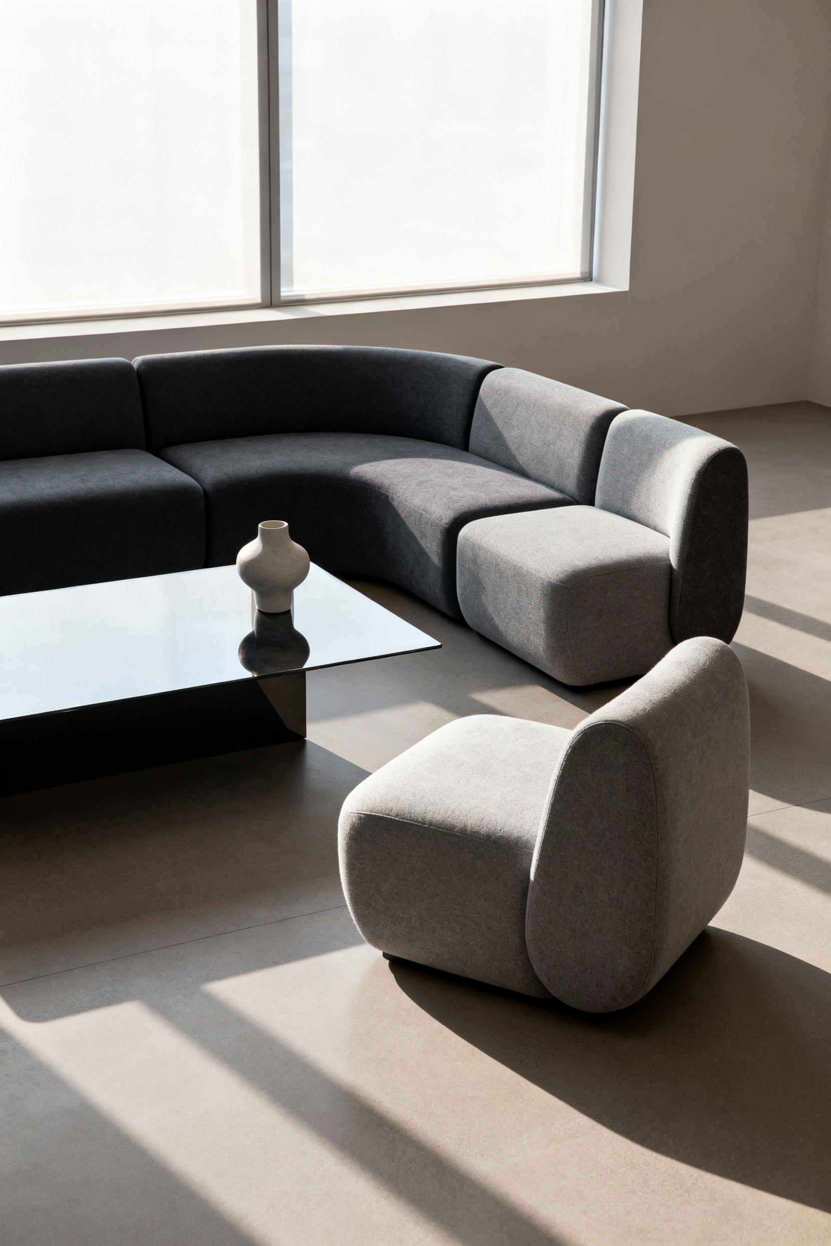 Modular living room chair system designed for adaptive use in a modern, naturally lit interior, emphasizing dynamic spatial needs and future living.