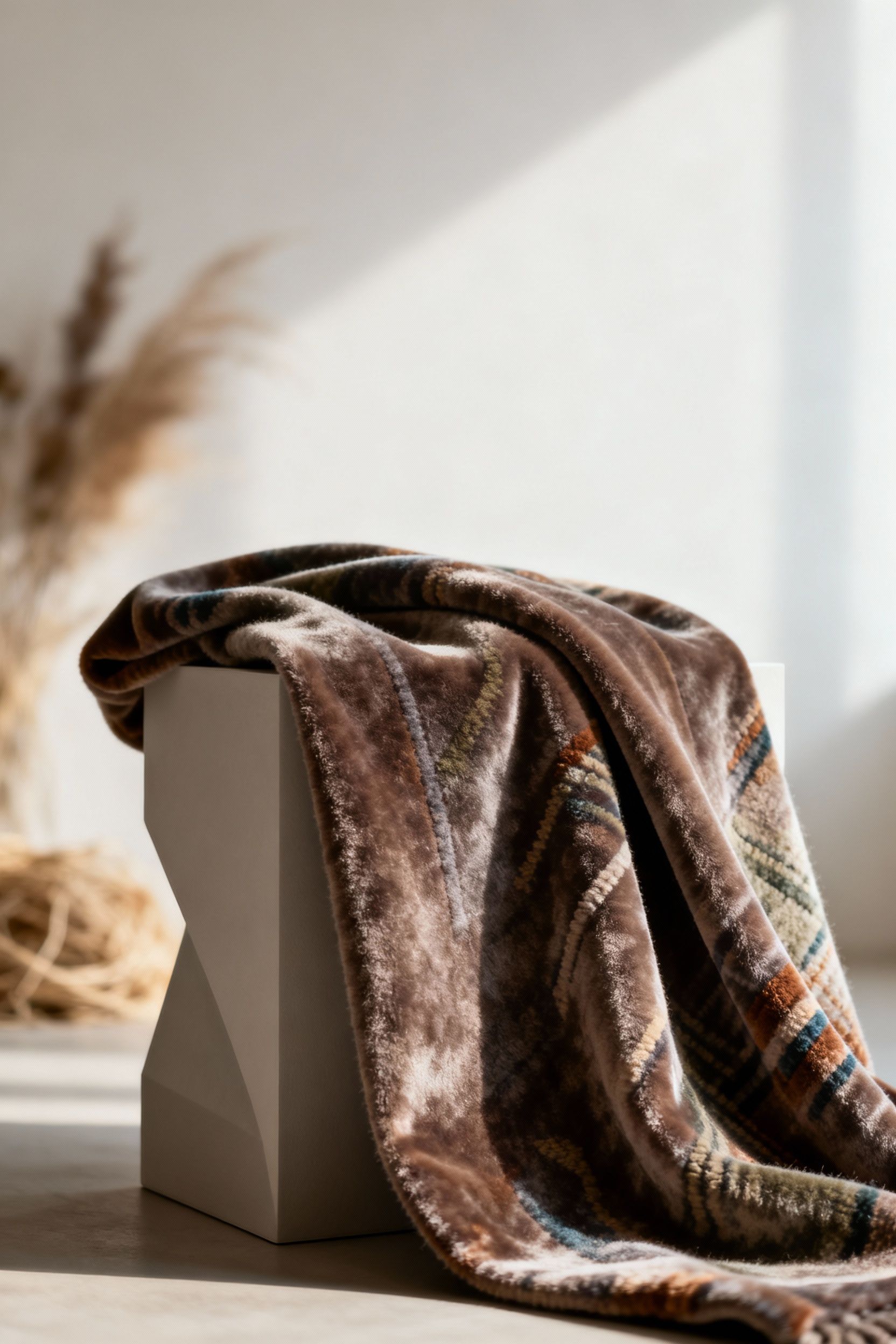 Luxurious upholstery fabric draped elegantly, showcasing durability, beautiful drape, and eco-friendly properties in a professional studio setting.