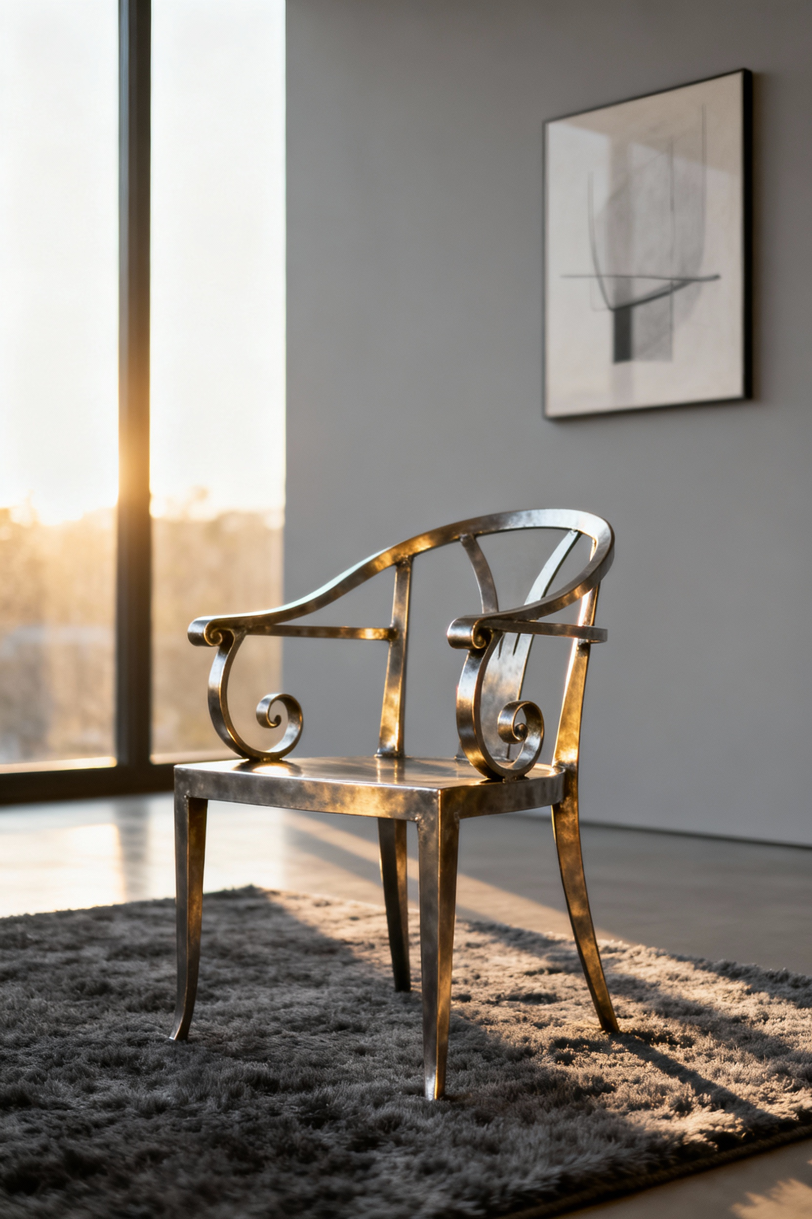 Sculptural metalwork living room chair with forged and cast forms, grey rug, minimalist art, soft lighting, professional photo.
