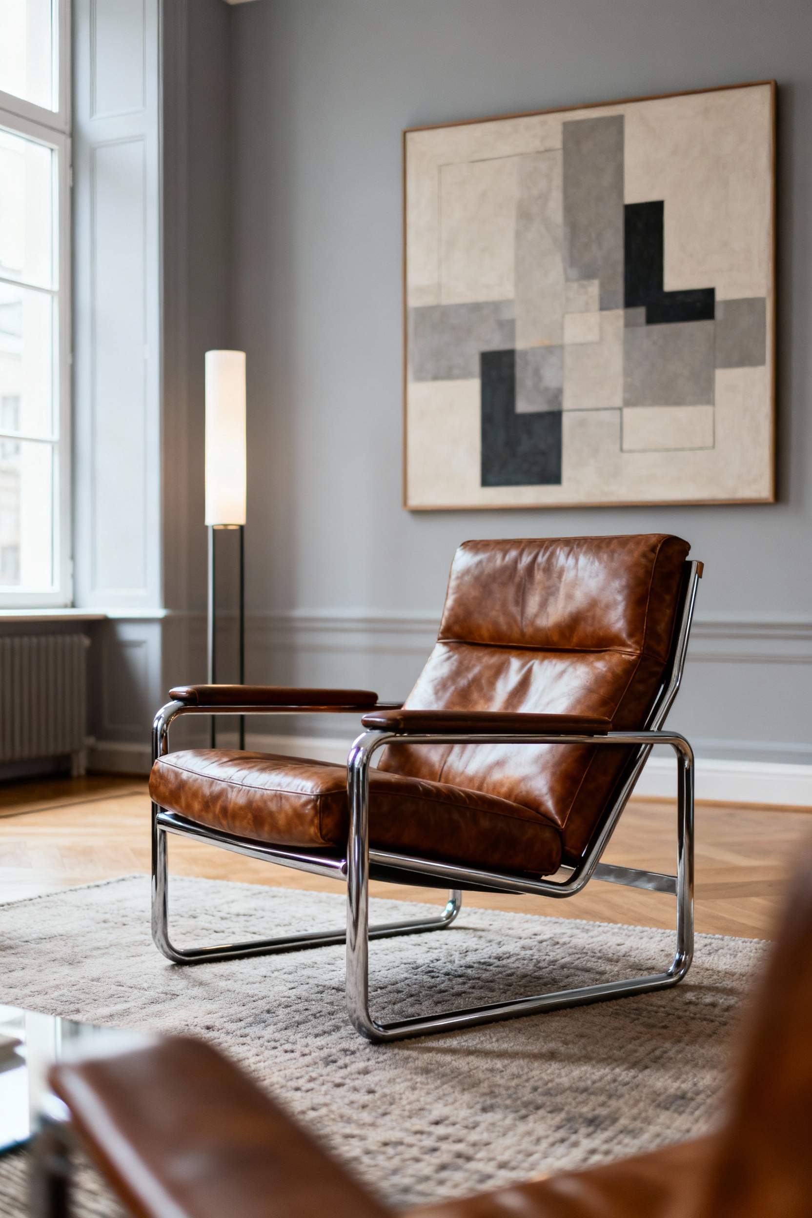 Elegant archetypal living room chair in leather and chrome, reflecting historical design, set in a modern living space with an abstract painting and soft natural light. Represents timeless style and functional art.