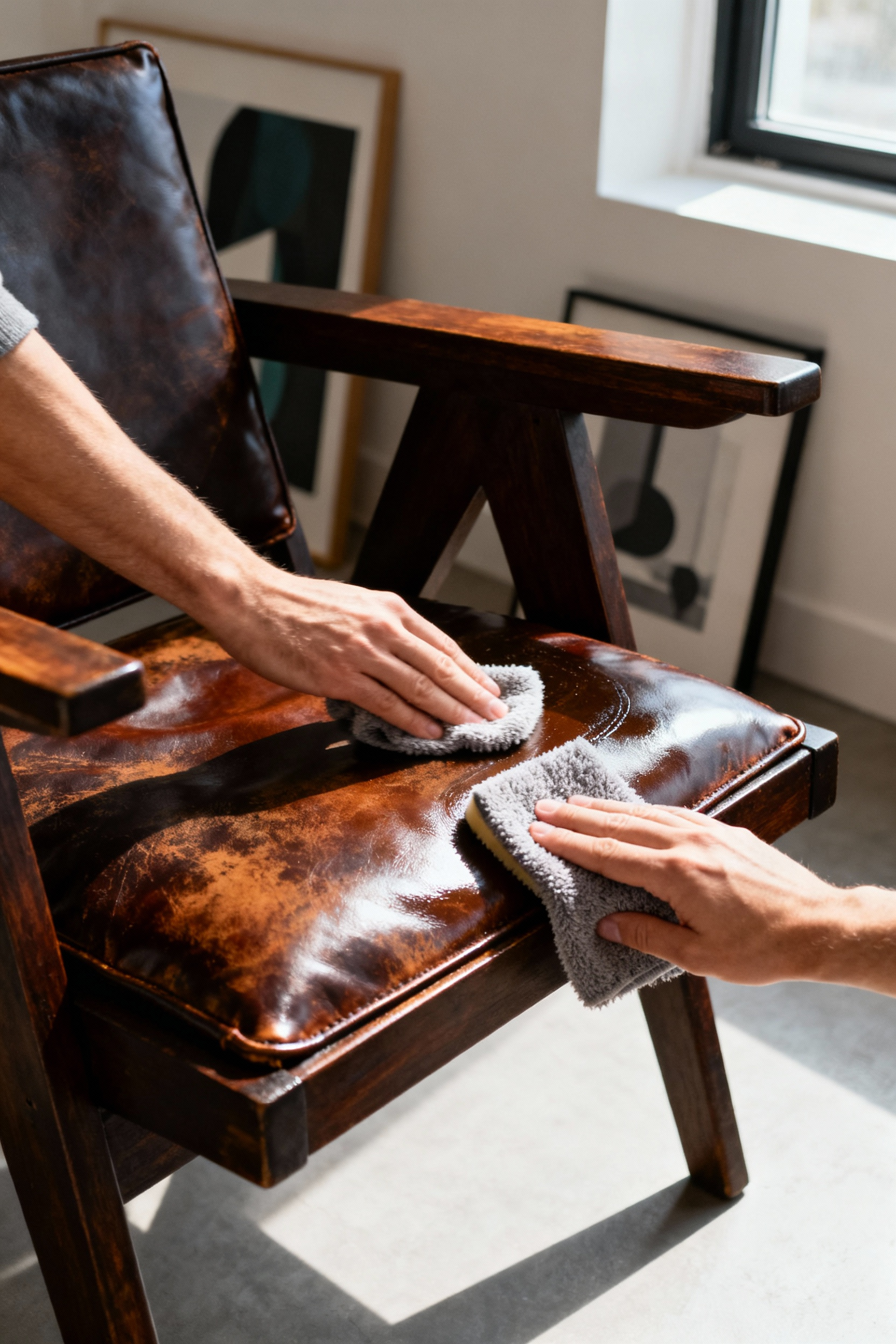 Image of a hand applying leather conditioner to a luxurious living room chair, illustrating meticulous preservation and care, emphasizing its curated aesthetic and longevity.