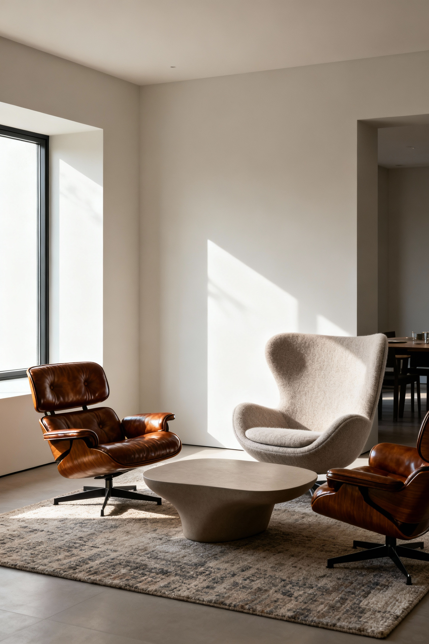 Modern living room with a cluster of three Eames Lounge and Saarinen Womb chairs arranged around a coffee table, defining a distinct spatial zone, lit by natural light.