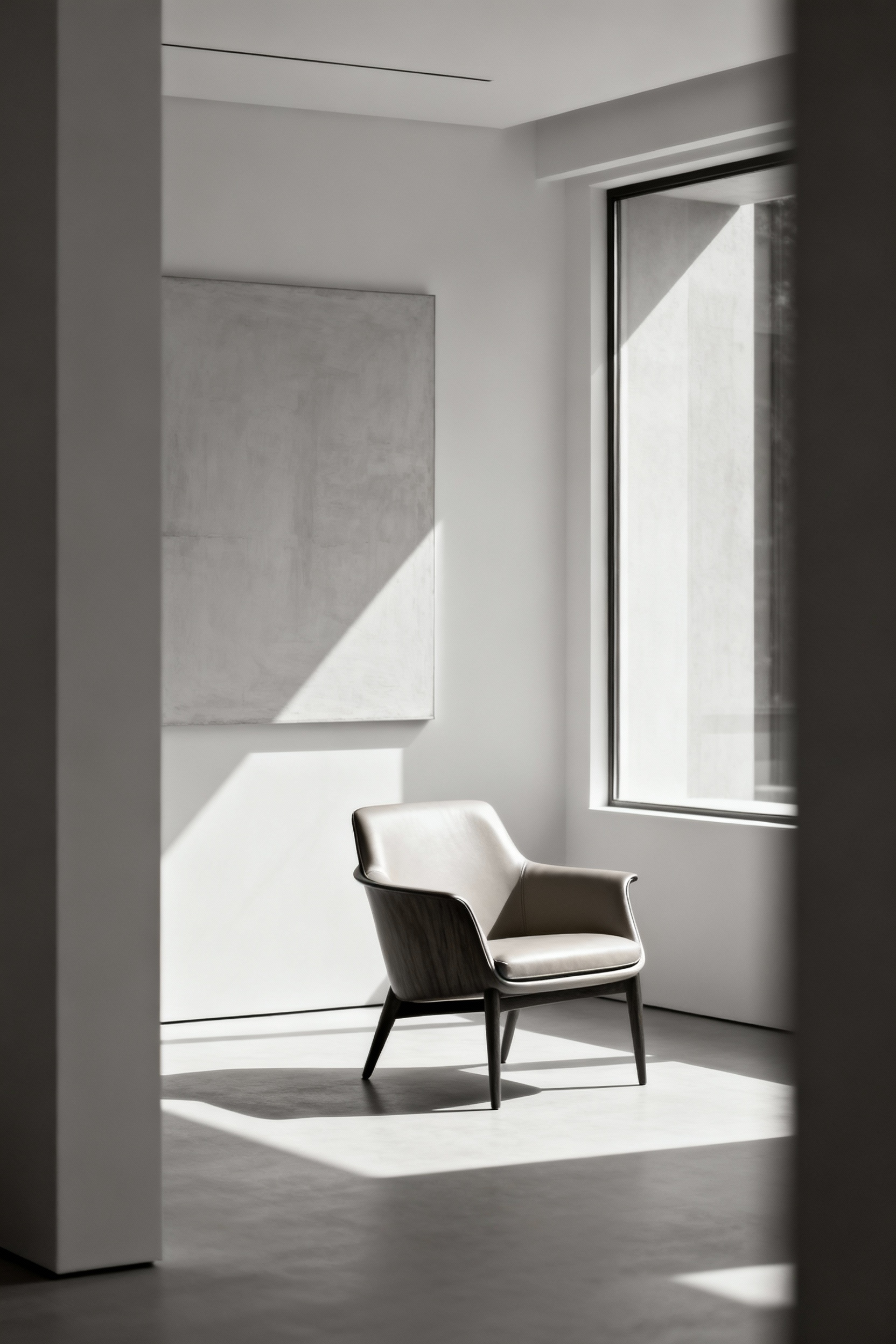 Modern living room with a strategically placed designer armchair (e.g., sleek armchair) directing visual pathways, creating focal points, and defining spatial zones through intentional design.