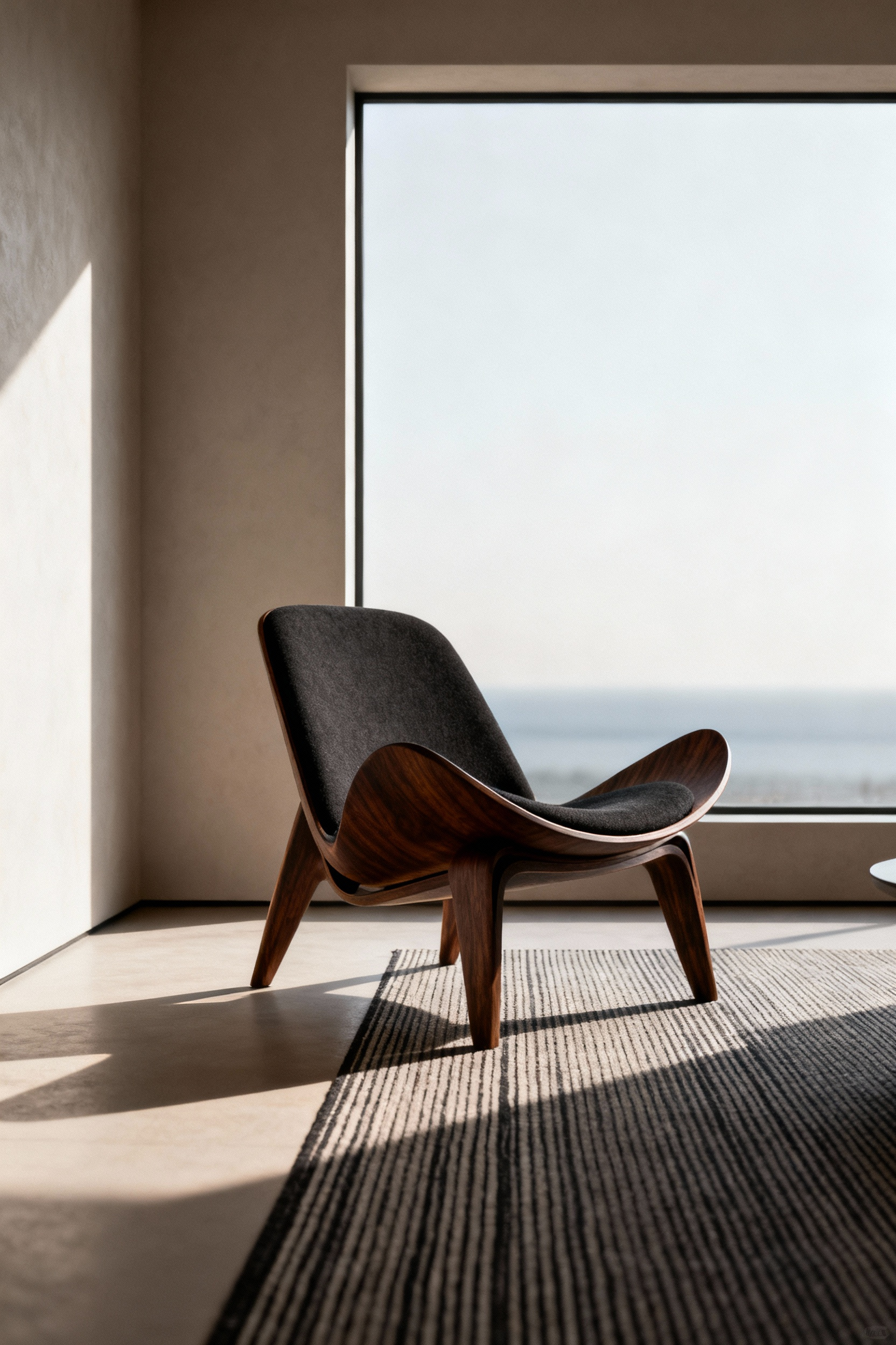 Modern living room with a low-slung dark walnut and charcoal fabric living room chair, large minimalist window, serene horizon view, expansive feel.