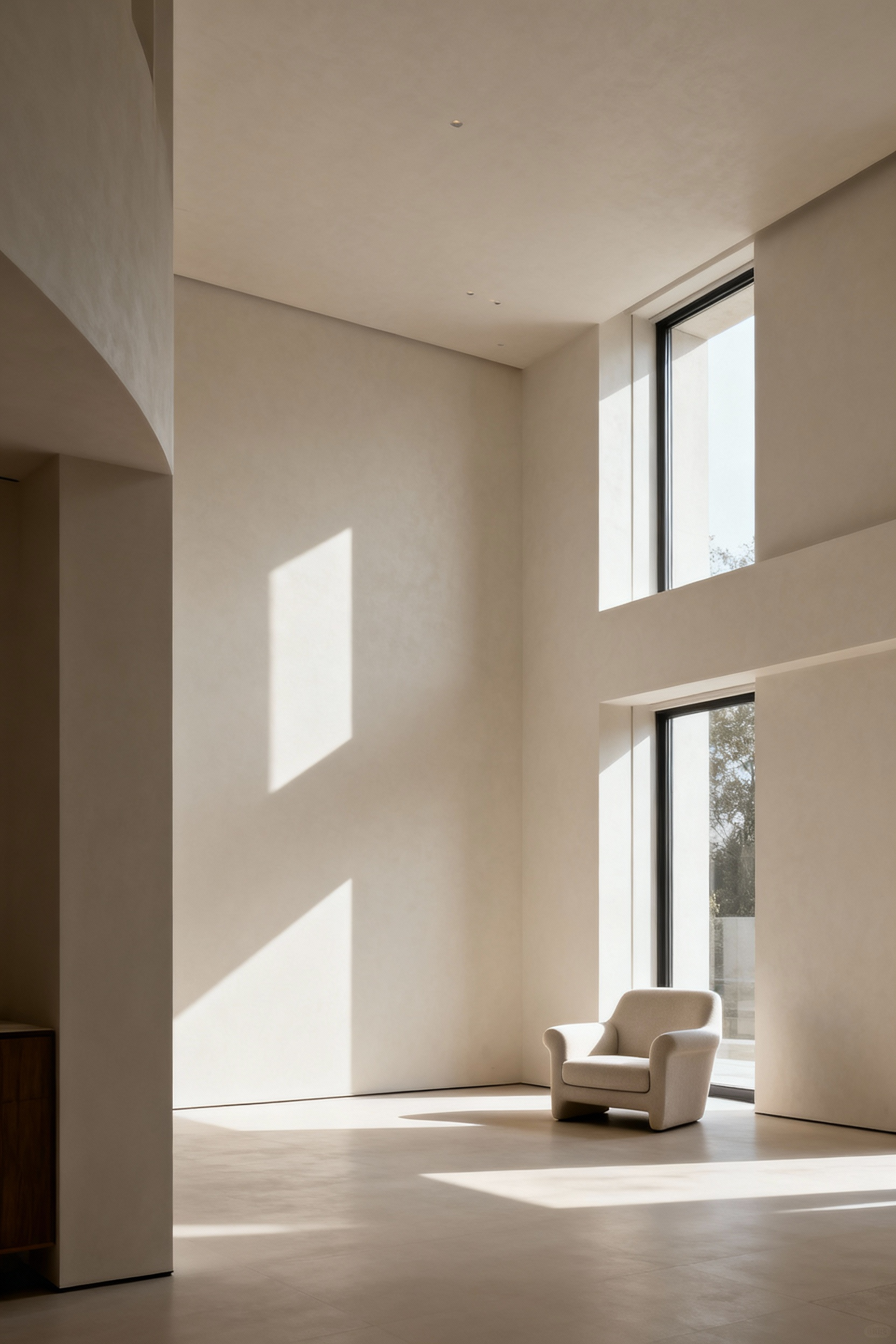 Modern living room armchair perfectly scaled and proportioned within a minimalist architectural space, demonstrating visual harmony.