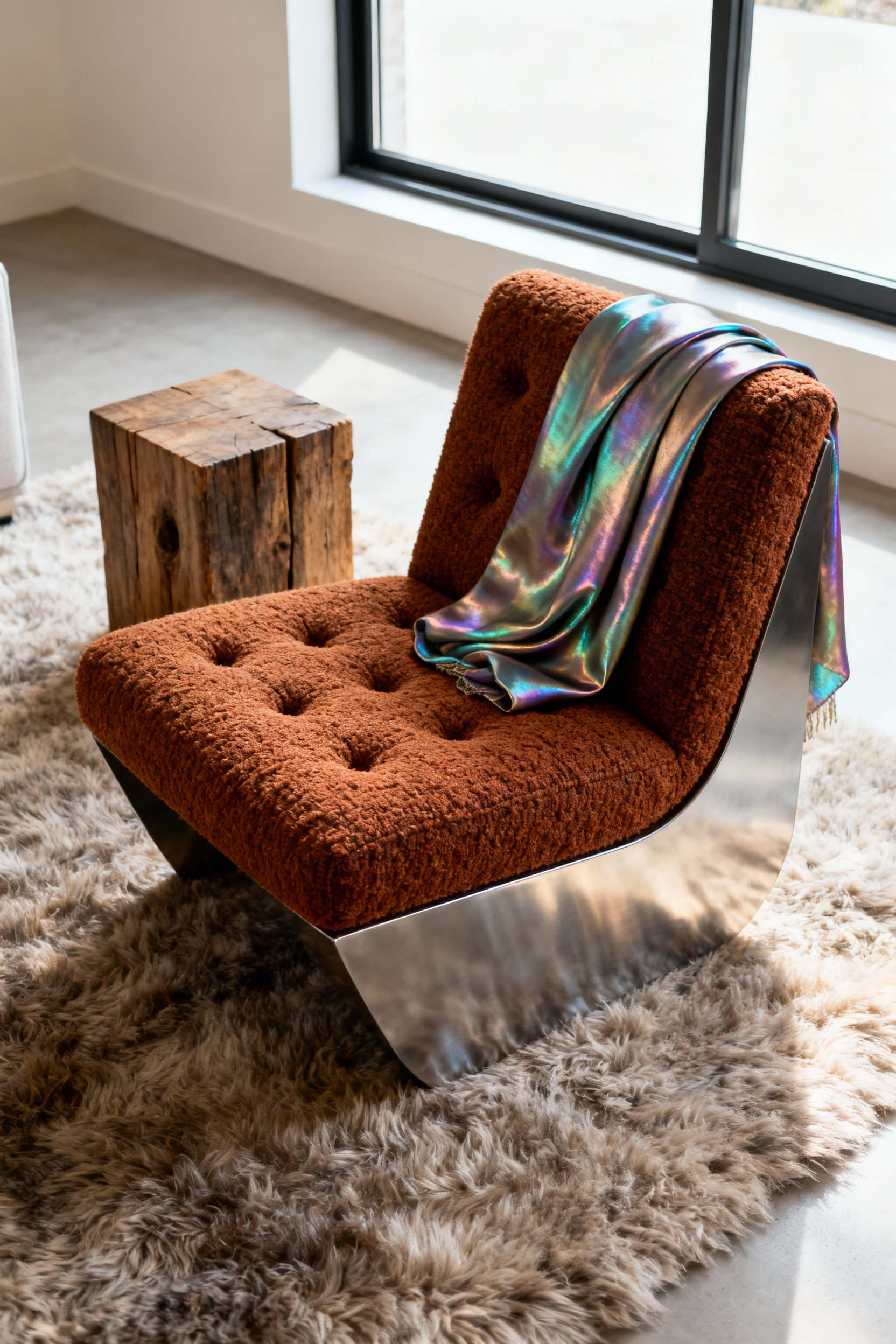 A modern living room chair showcasing a blend of polished steel, boucle upholstery, and iridescent silk textures, emphasizing multi-sensory textural layering.