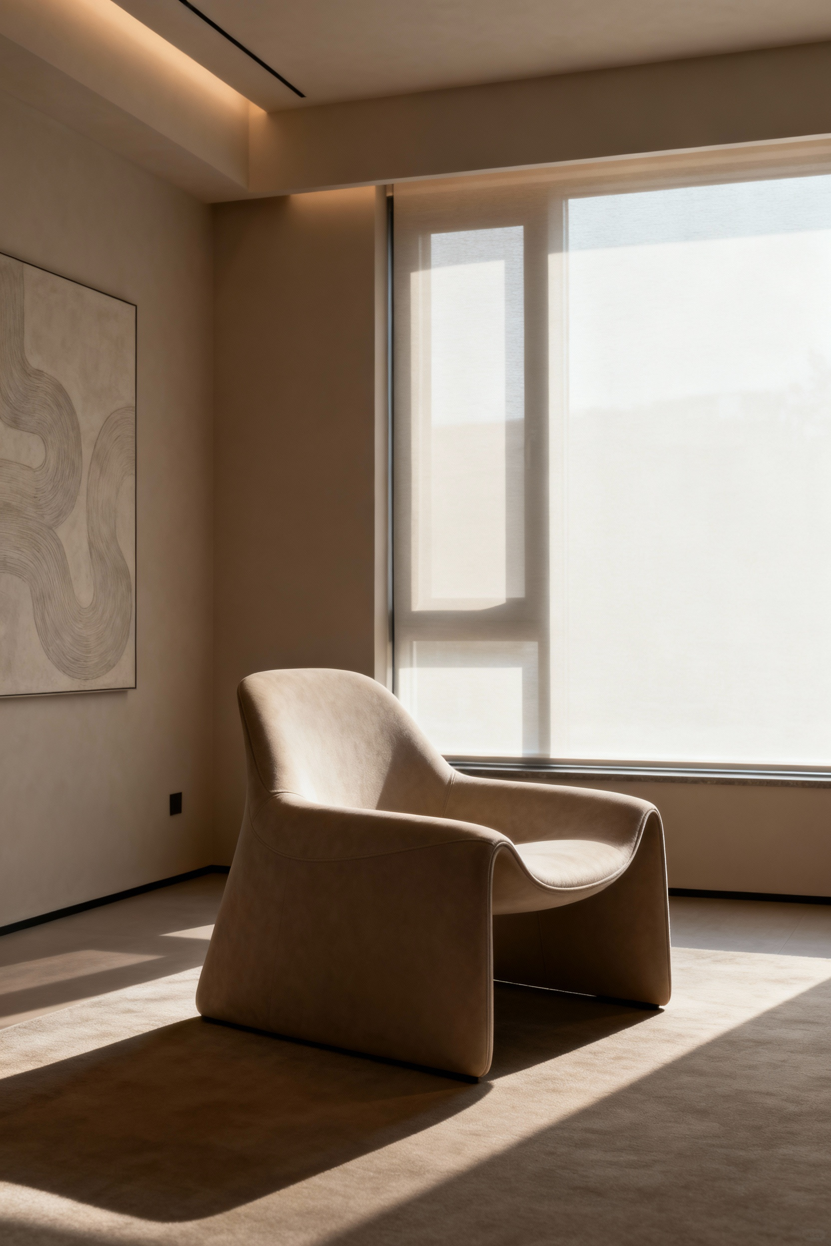 Sculptural living room chair illustrating how its form guides postural narratives and expresses inhabitation in a modern, elegant interior.