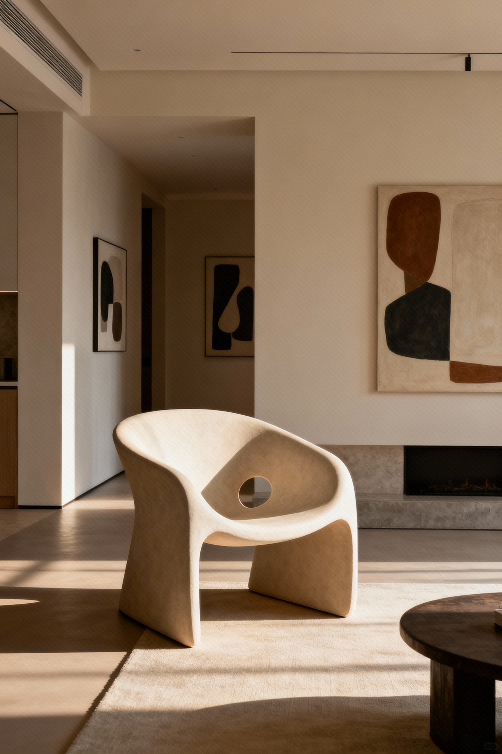 A sleek, modern living room chair with an open, sculptural form, showcasing how negative space creates visual lightness and harmony in interior design.