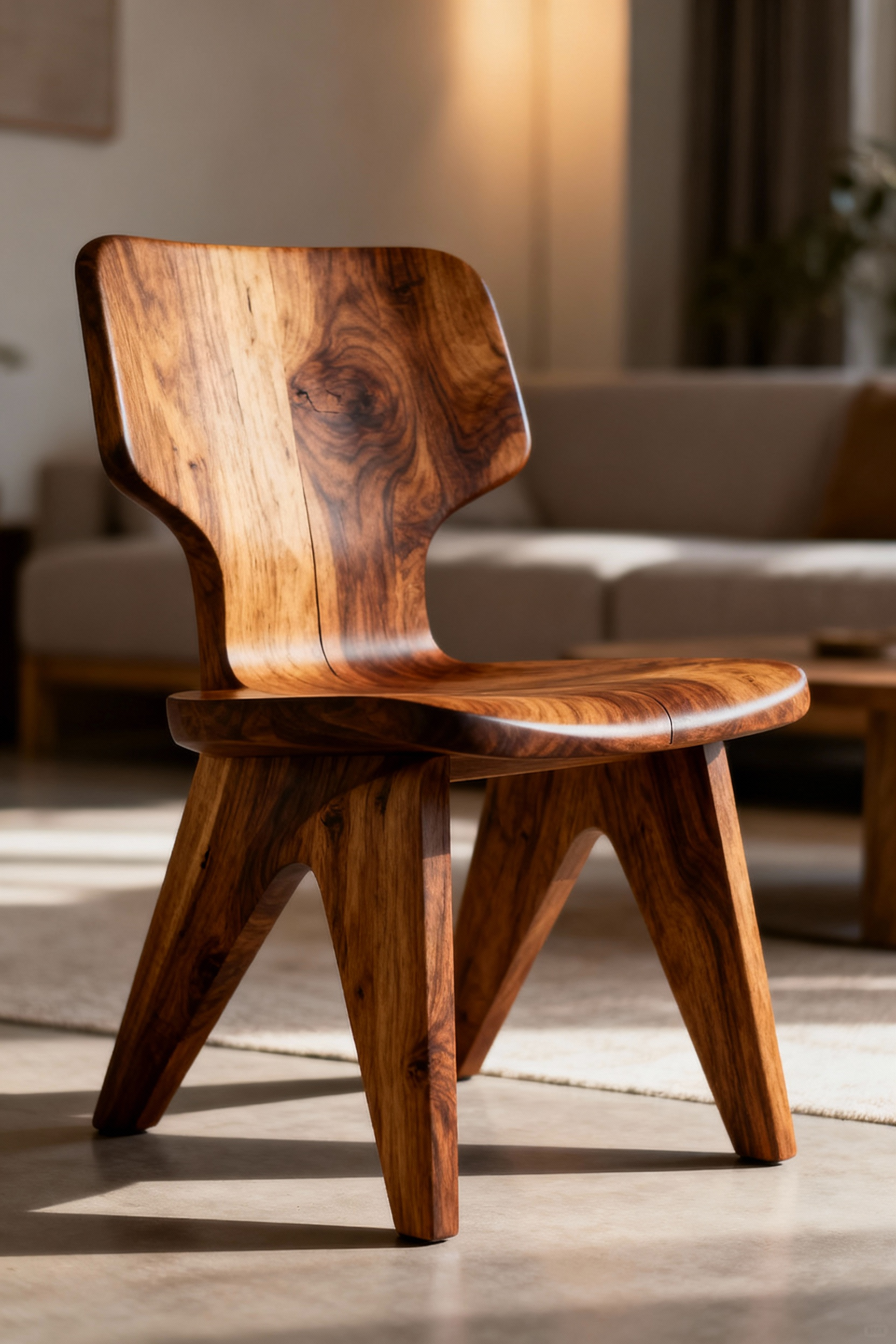 Close-up portrait of an ethically sourced natural wood living room chair, showcasing its rich grain and subtle, aged patina, in a sunlit modern interior.