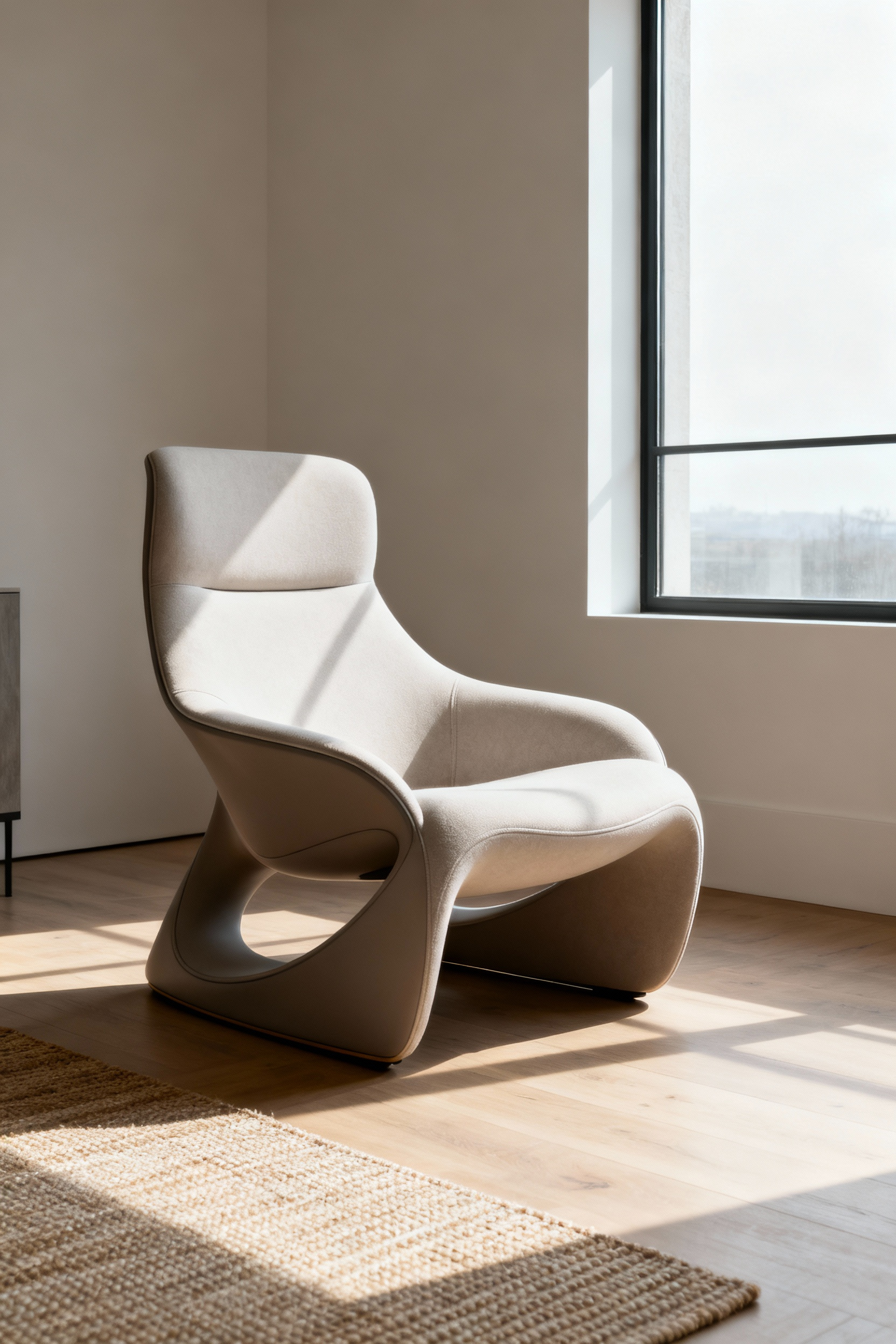 A modern living room chair with ergonomic design, showing sculptural form and comfortable support in a contemporary setting.