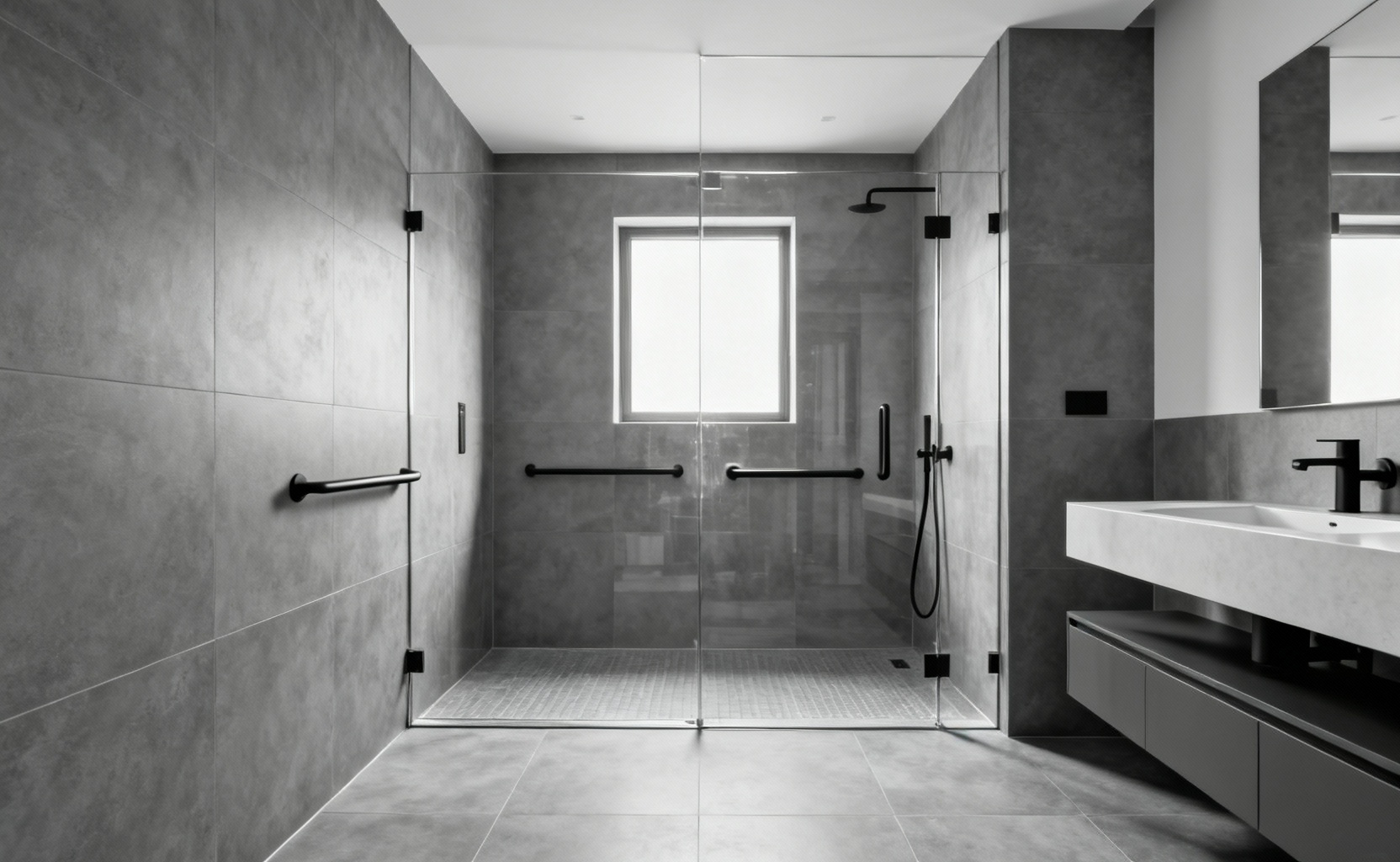 A modern aging-in-place bathroom with a zero-entry shower, wall-mounted vanity, and integrated accessibility features in a luxurious, elegant setting.