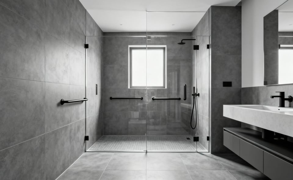 A modern aging-in-place bathroom with a zero-entry shower, wall-mounted vanity, and integrated accessibility features in a luxurious, elegant setting.